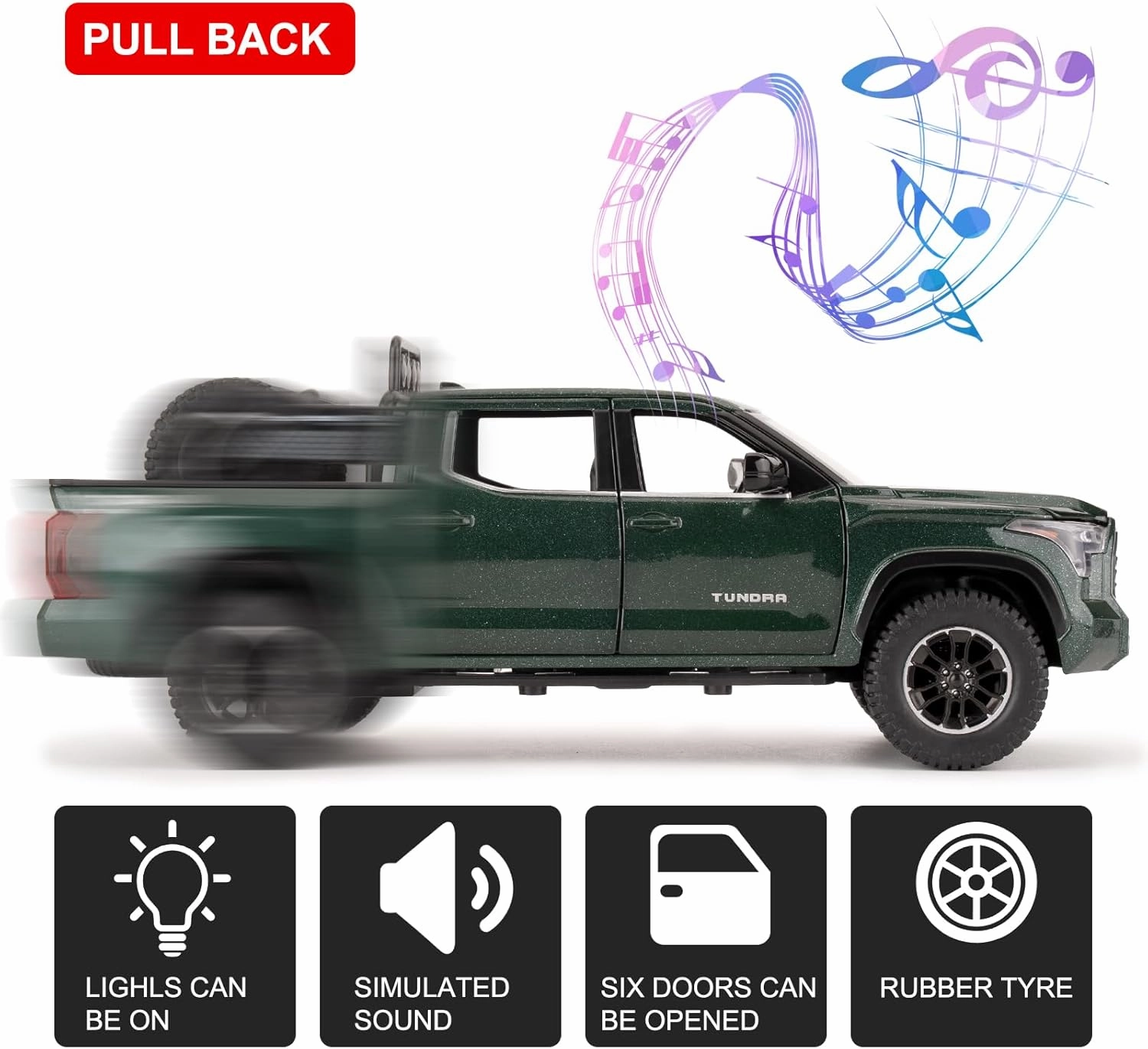 1:24 Tundra Off-Road Pickup Car Model, Pull Back Diecast Truck Toy with Sounds＆Lights for Kids Boys Girls and Adults, Gift Green.