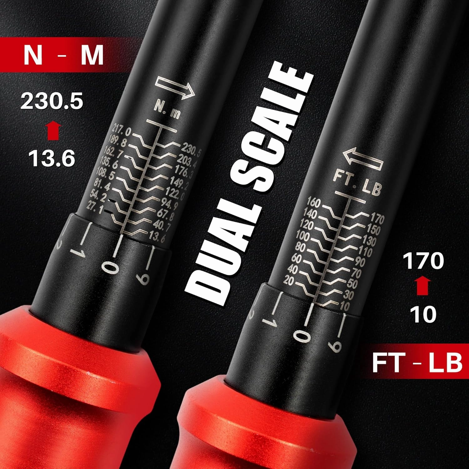 1/2-Inch Drive Click Torque Wrench - 10-170 Ft-Lb/13.6-230.5Nm, Dual-Direction Adjustable 72 Tooth Torque Wrench with Dual Range Scales, High 3% Precision for Bike, Motorcycle and Car Repair