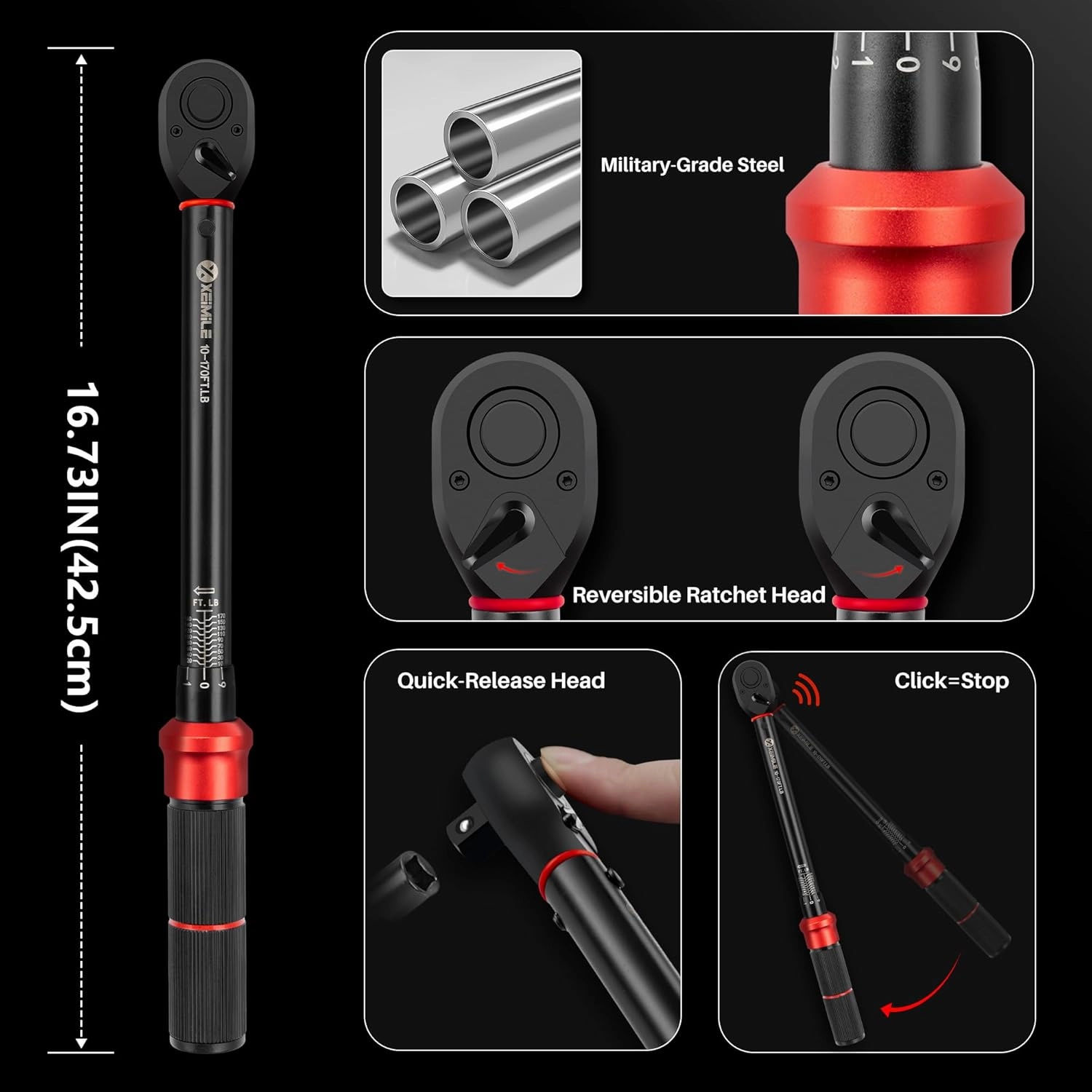 1/2-Inch Drive Click Torque Wrench - 10-170 Ft-Lb/13.6-230.5Nm, Dual-Direction Adjustable 72 Tooth Torque Wrench with Dual Range Scales, High 3% Precision for Bike, Motorcycle and Car Repair