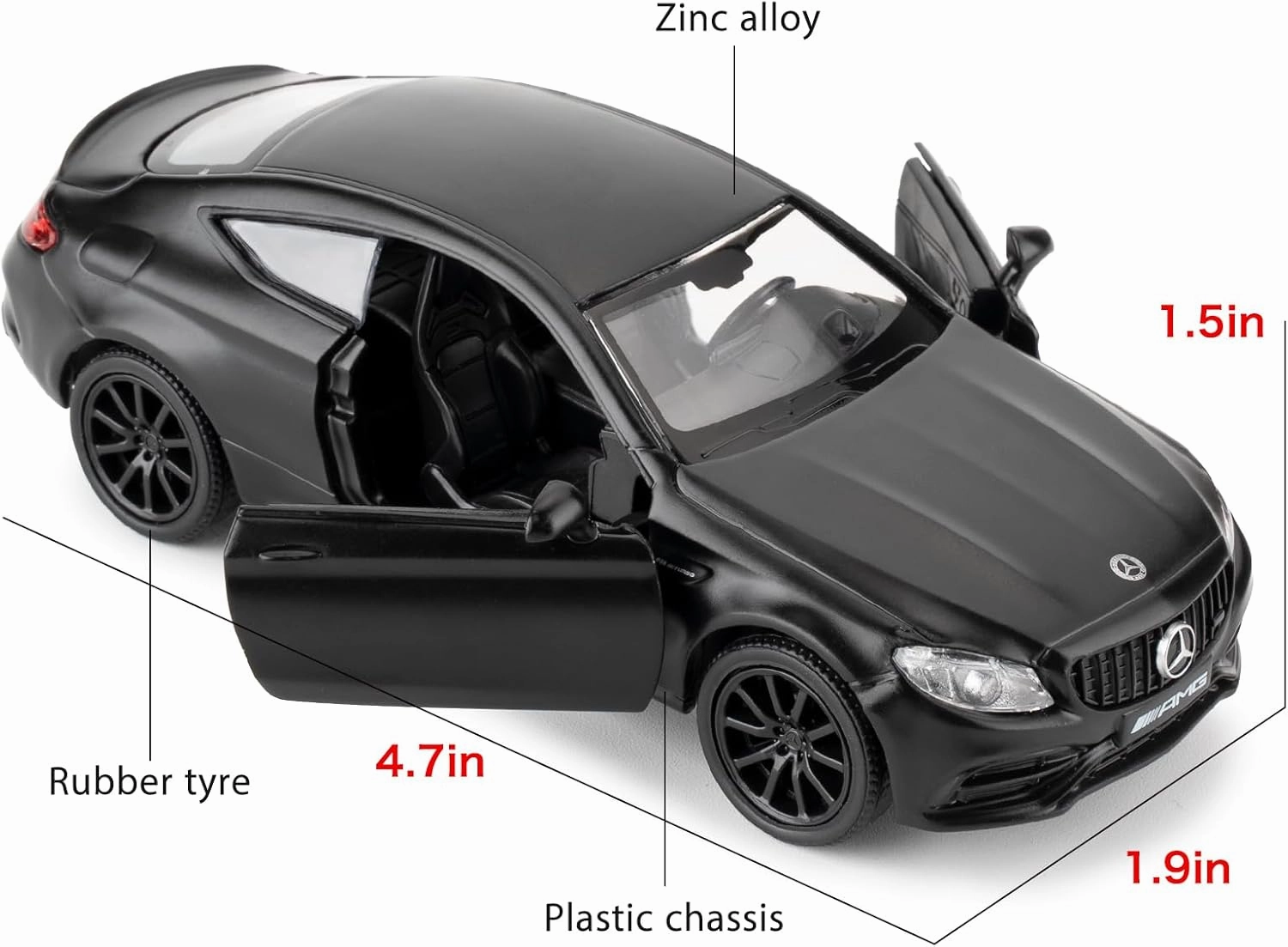 1:36 Benz C63 S AMG Car Model, Diecast Pull Back Model Toy Car, Doors Open, Collection Kids Toy for Aged 3 and up, Gift Black