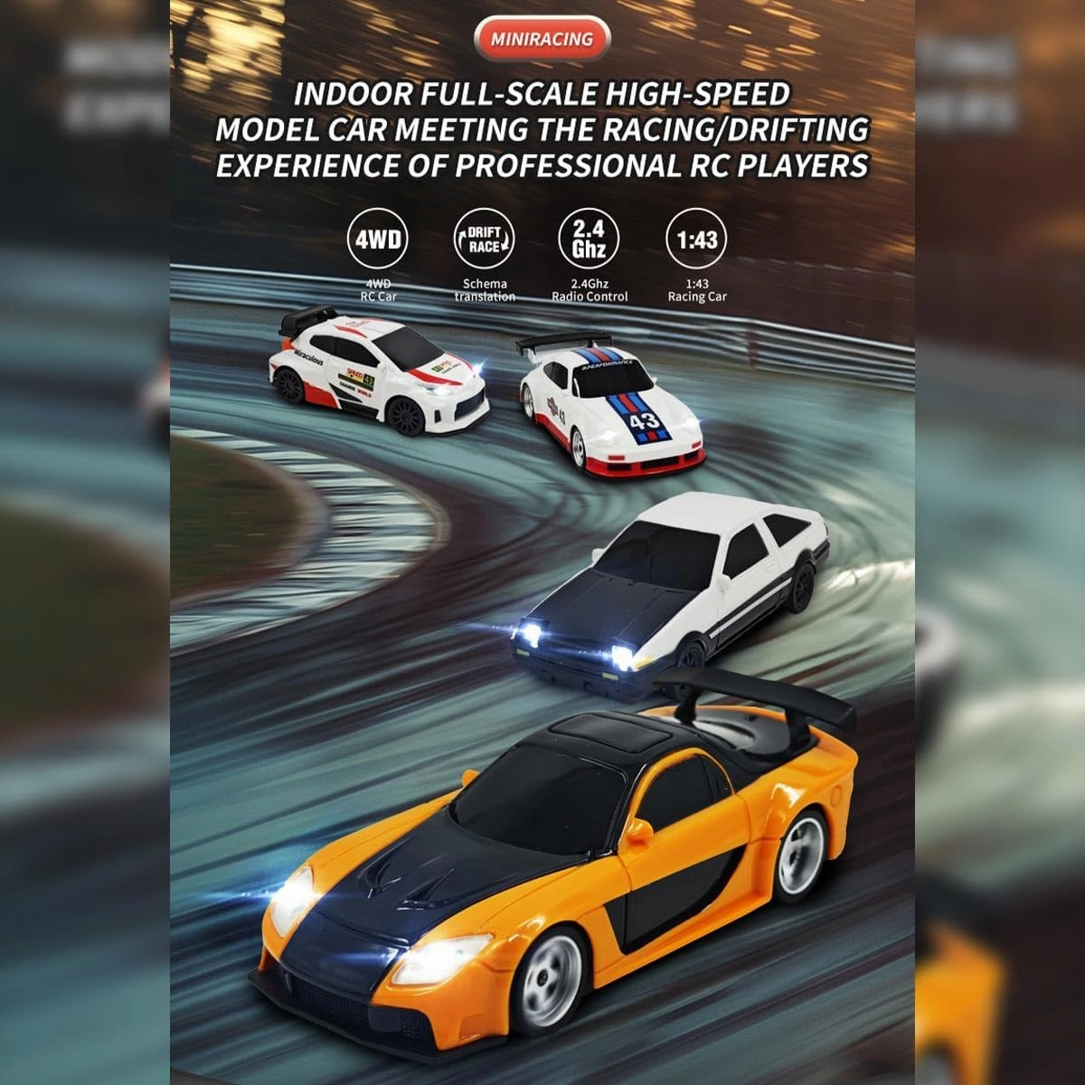 1/43 Scale 2.4G Full-Proportional Mini Electric RC Drift Racing Car Model with LED Lights (Gyro RTR Version/White Rally Style 1)