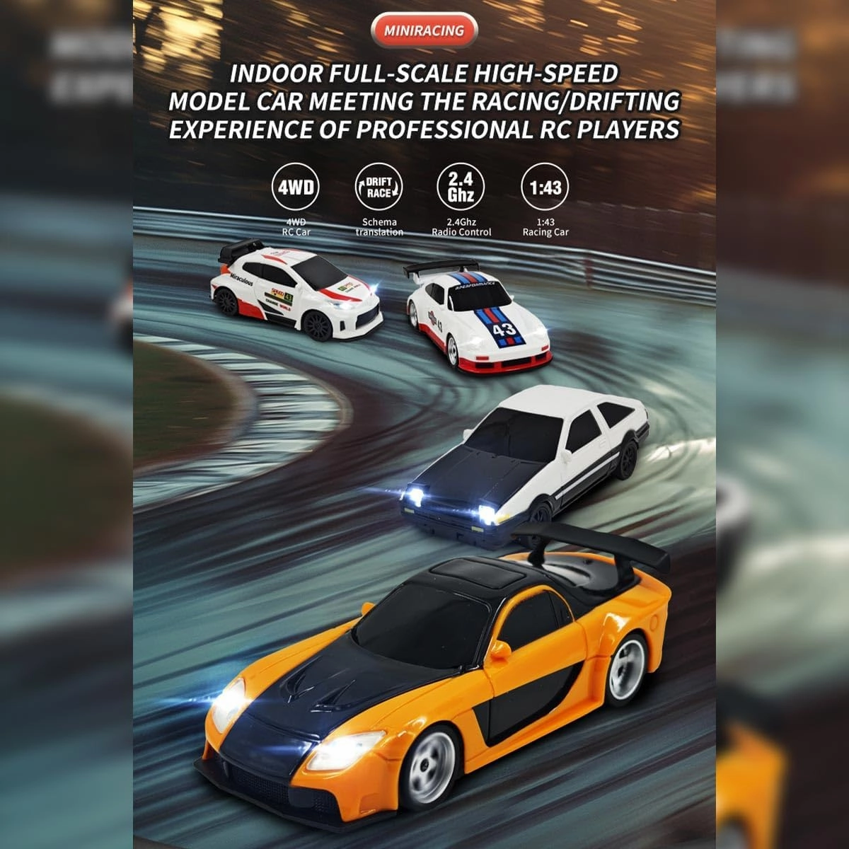 1/43 Scale 2.4G Full-Proportional Mini Electric RC Drift Racing Car Model with LED Lights (Gyro RTR Version/White Sports Car Version)
