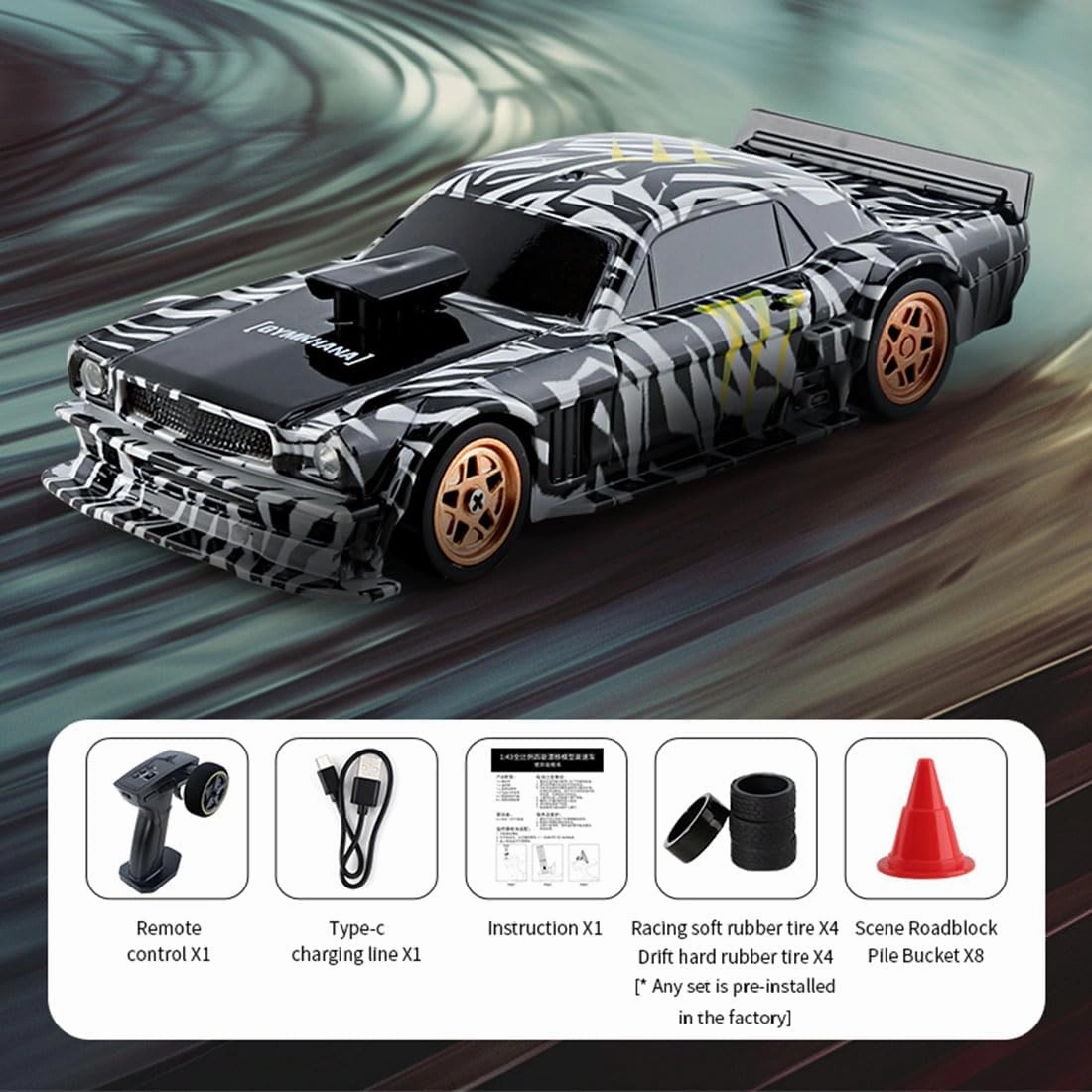 1/43 Scale Mini Storms Drift Car, Mini Drift Rc Car for Desk 2.4G Full Proportional RC Electric Mini Racing Drift Car Model with Lights Kit (RTR Version/Black White)