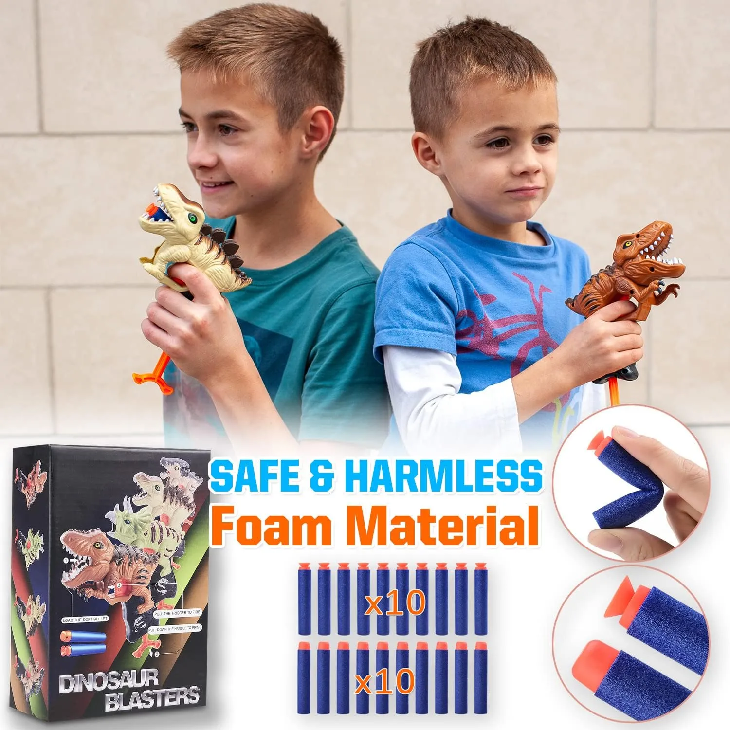 2 Pack Dinosaur Gun Toys for Toddlers Boys 3 4 5 6 7 Year Old Birthday Gifts Valentines Easter Christmas Stocking Stuffers, Small Dino Blaster Shooting Game with Soft Foam Darts Compatible with Nerf