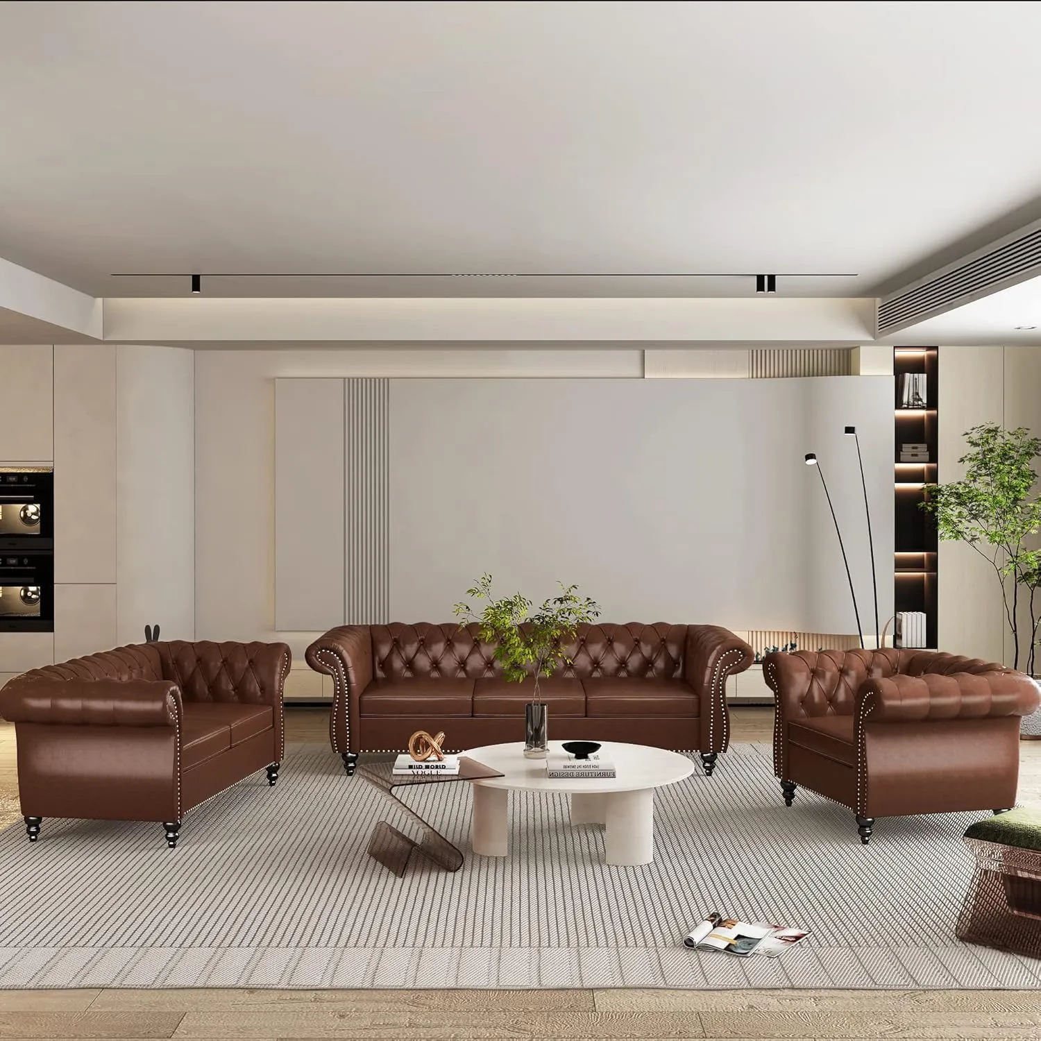 2 Piece Living Room Sofa Set, Chesterfield 3 Seat Sofa Loveseat, Modern Leather Couch Set with Rolled Arms and Nailhead Upholstered for Living Room, Office and Apartment, Brown