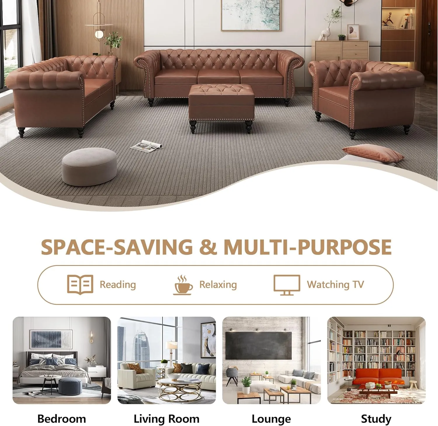 2 Piece Living Room Sofa Set, Chesterfield 3 Seat Sofa Loveseat, Modern Leather Couch Set with Rolled Arms and Nailhead Upholstered for Living Room, Office and Apartment, Brown