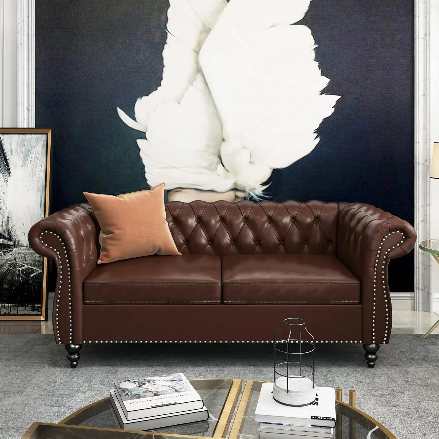 2 Piece Living Room Sofa Set, Chesterfield 3 Seat Sofa Loveseat, Modern Leather Couch Set with Rolled Arms and Nailhead Upholstered for Living Room, Office and Apartment, Brown