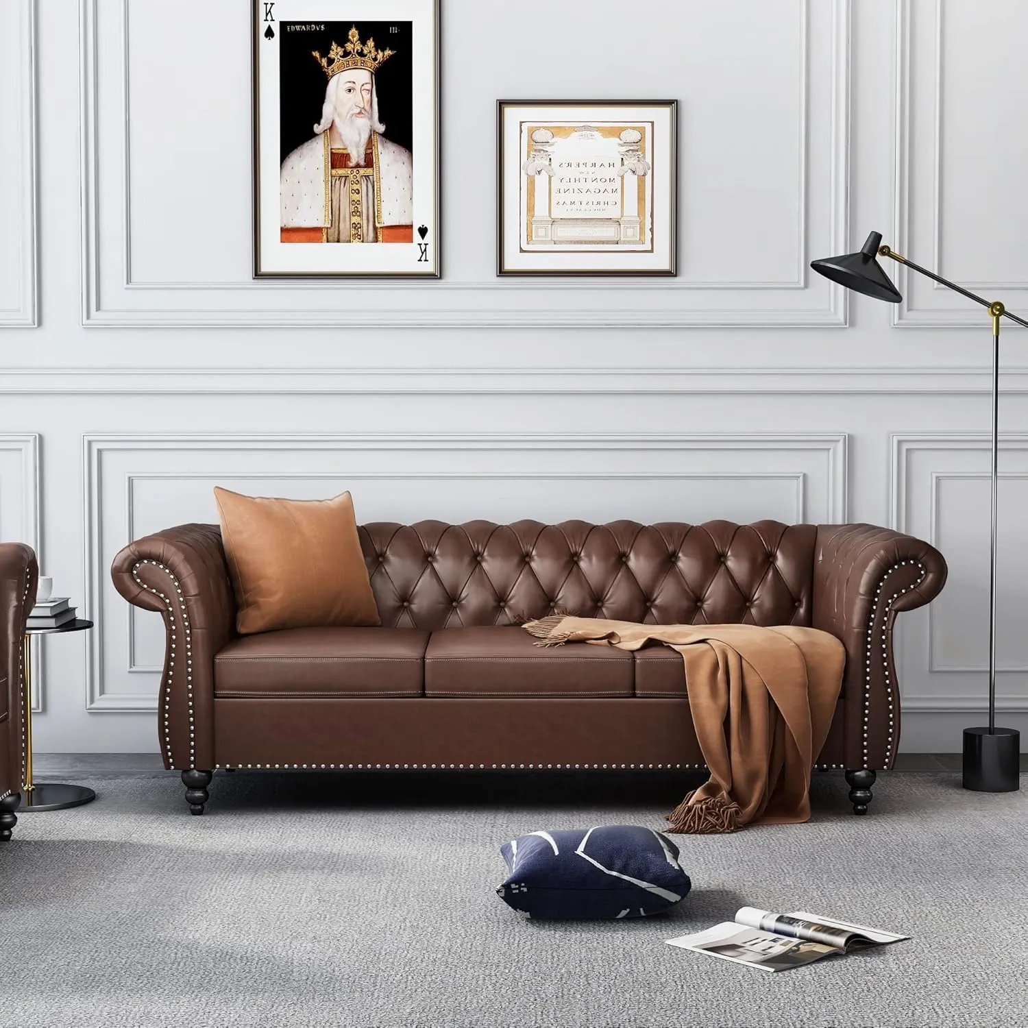 2 Piece Living Room Sofa Set, Chesterfield 3 Seat Sofa Loveseat, Modern Leather Couch Set with Rolled Arms and Nailhead Upholstered for Living Room, Office and Apartment, Brown