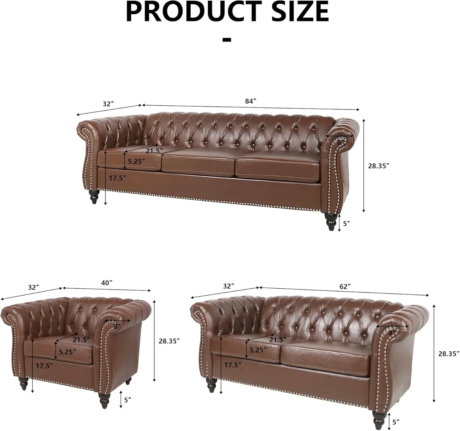 2 Piece Living Room Sofa Set, Chesterfield 3 Seat Sofa Loveseat, Modern Leather Couch Set with Rolled Arms and Nailhead Upholstered for Living Room, Office and Apartment, Brown