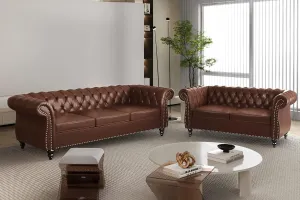 2 Piece Living Room Sofa Set, Chesterfield 3 Seat Sofa Loveseat, Modern Leather Couch Set with Rolled Arms and Nailhead Upholstered for Living Room, Office and Apartment, Brown