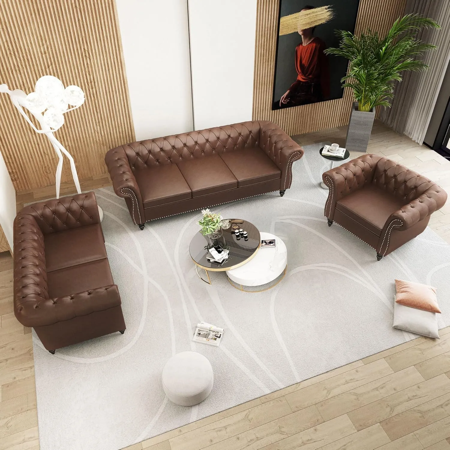 2 Piece Living Room Sofa Set, Chesterfield 3 Seat Sofa Loveseat, Modern Leather Couch Set with Rolled Arms and Nailhead Upholstered for Living Room, Office and Apartment, Brown