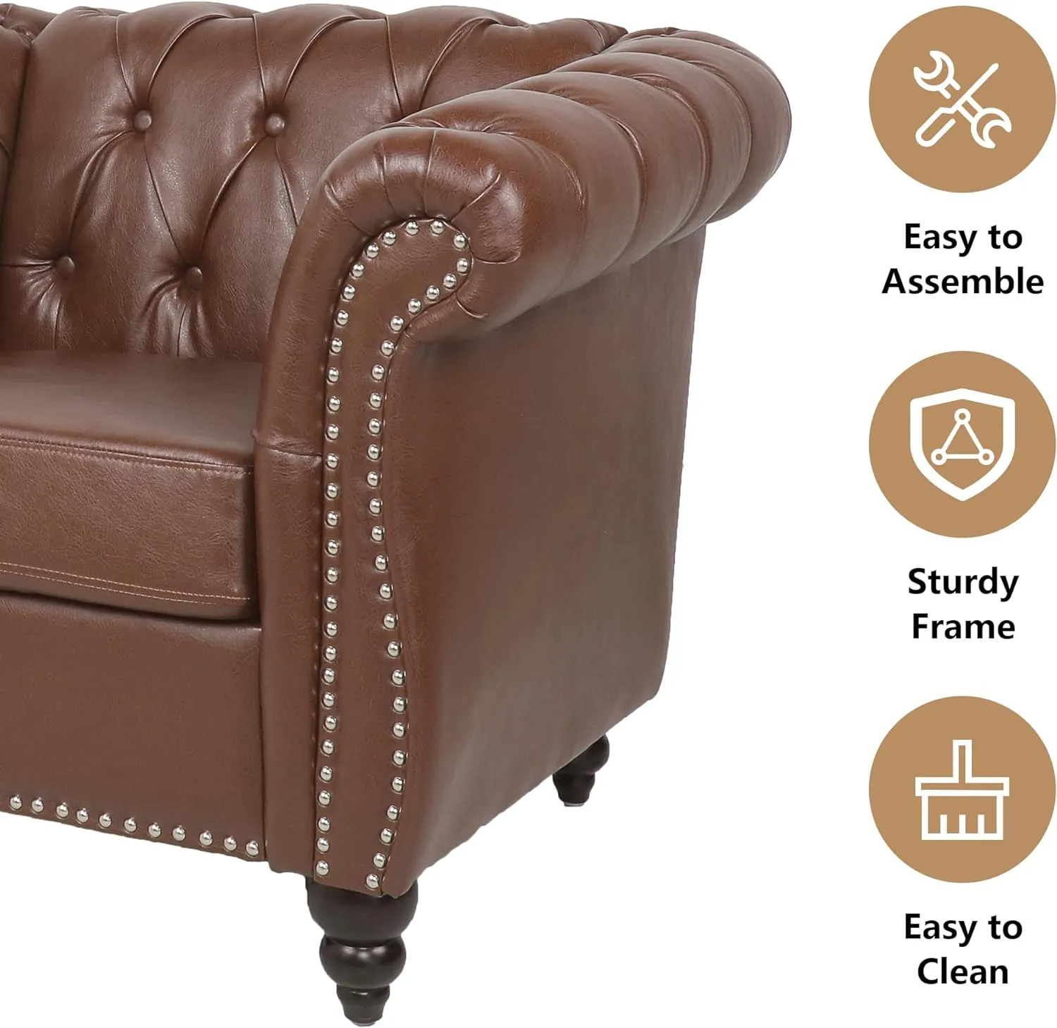 2 Piece Living Room Sofa Set, Chesterfield 3 Seat Sofa Loveseat, Modern Leather Couch Set with Rolled Arms and Nailhead Upholstered for Living Room, Office and Apartment, Brown