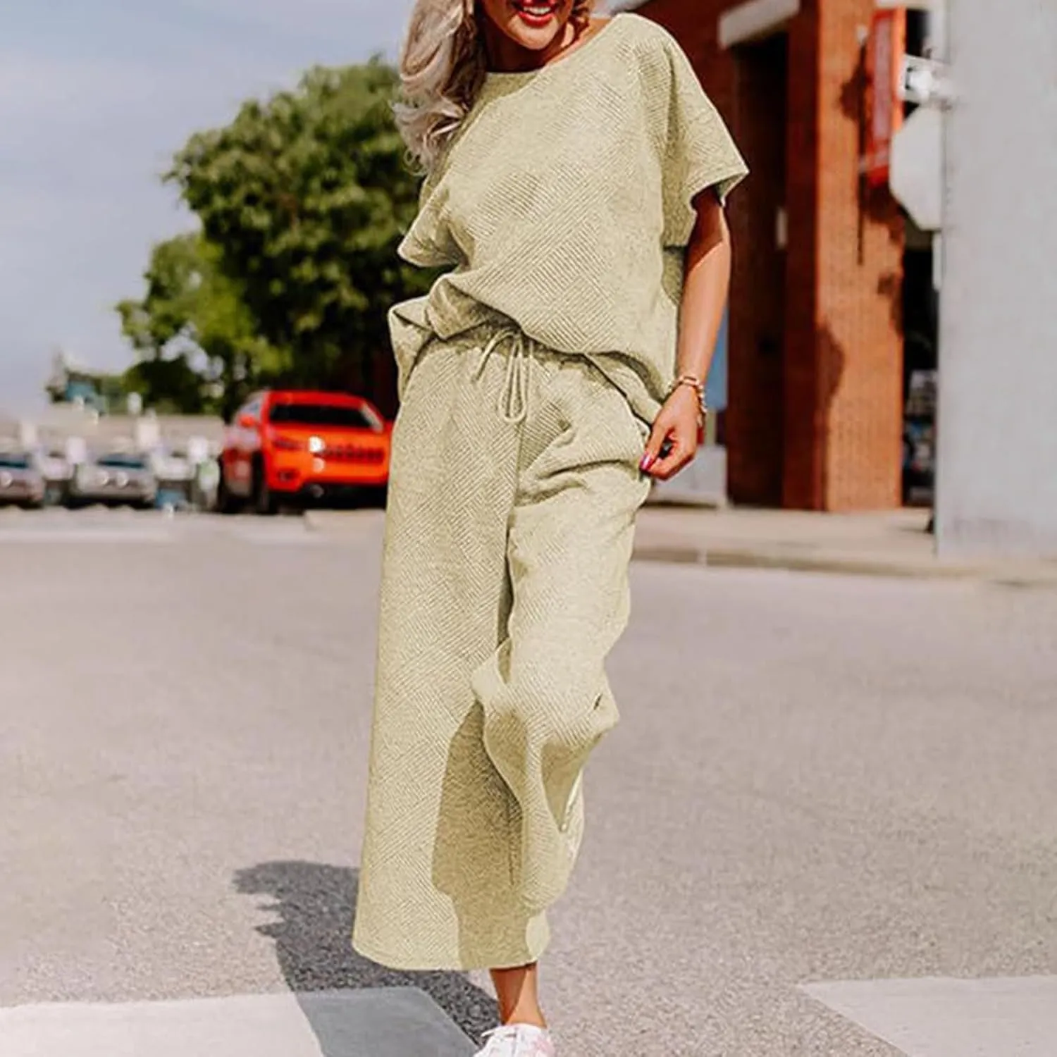 2 Piece Sets For Women Trendy 2024 Summer Loose Pullover Top Wide Leg Pant Tracksuit Set Textured Sweatsuit Outfits