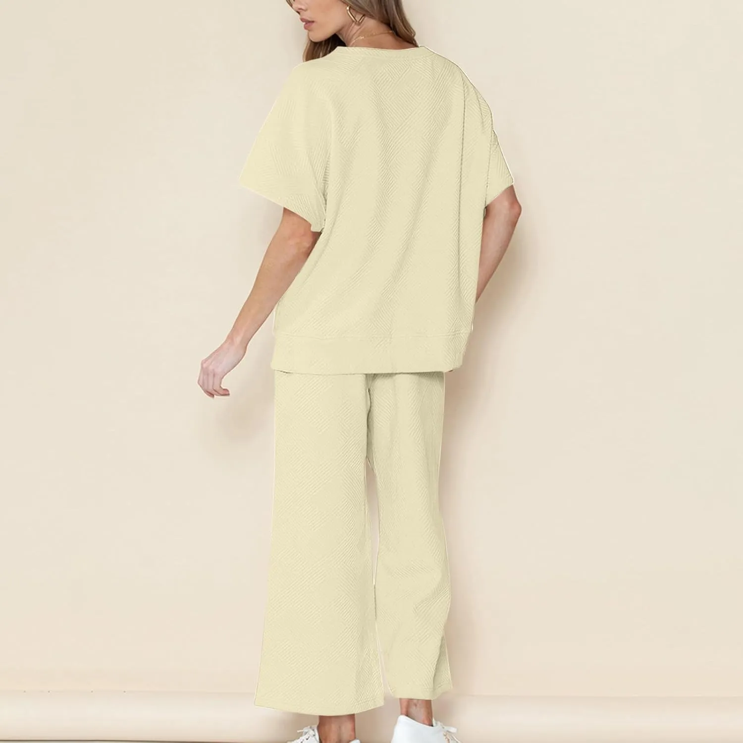 2 Piece Sets For Women Trendy 2024 Summer Loose Pullover Top Wide Leg Pant Tracksuit Set Textured Sweatsuit Outfits