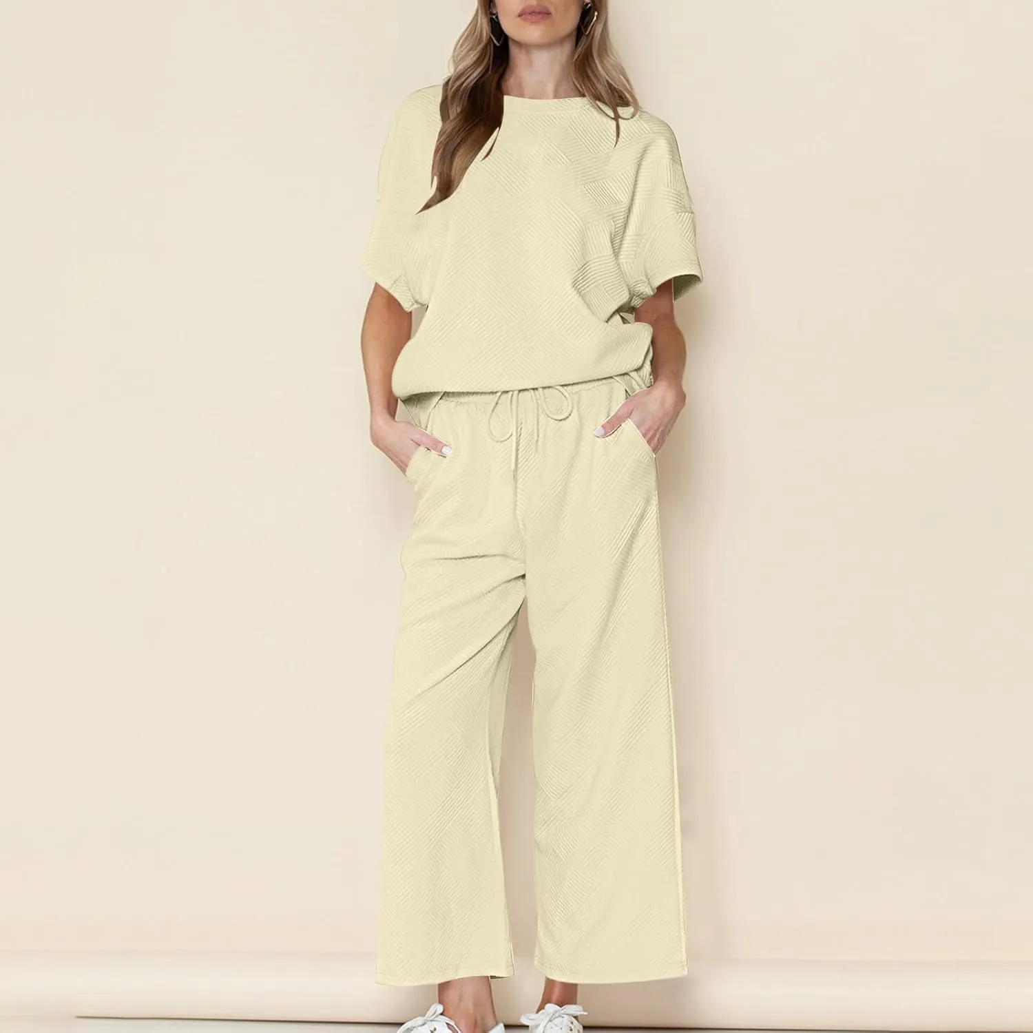 2 Piece Sets For Women Trendy 2024 Summer Loose Pullover Top Wide Leg Pant Tracksuit Set Textured Sweatsuit Outfits