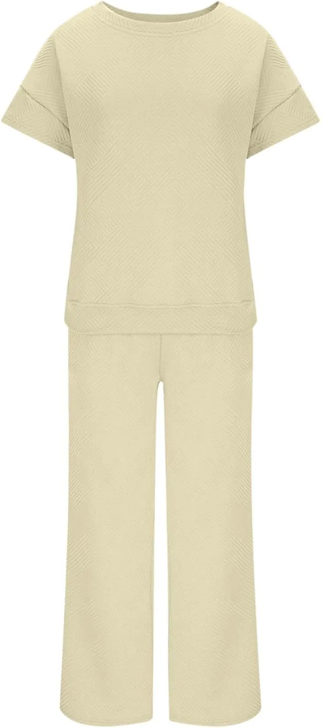 2 Piece Sets For Women Trendy 2024 Summer Loose Pullover Top Wide Leg Pant Tracksuit Set Textured Sweatsuit Outfits