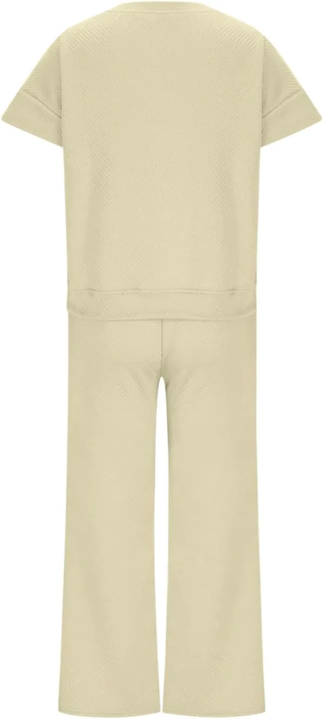 2 Piece Sets For Women Trendy 2024 Summer Loose Pullover Top Wide Leg Pant Tracksuit Set Textured Sweatsuit Outfits