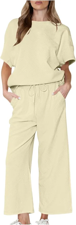 2 Piece Sets For Women Trendy 2024 Summer Loose Pullover Top Wide Leg Pant Tracksuit Set Textured Sweatsuit Outfits