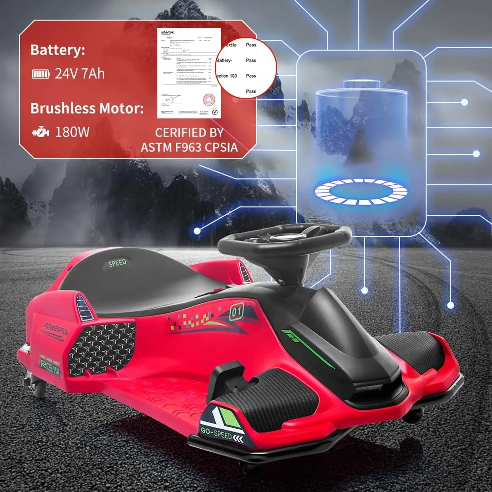 24V Kids Ride on Drift Car for Kids, Electric Drifting Go-Kart Up to 7.5 mph Variable Speed, Built-in Music,Colorful LED Light,USB,Low-Power Alarm,Red