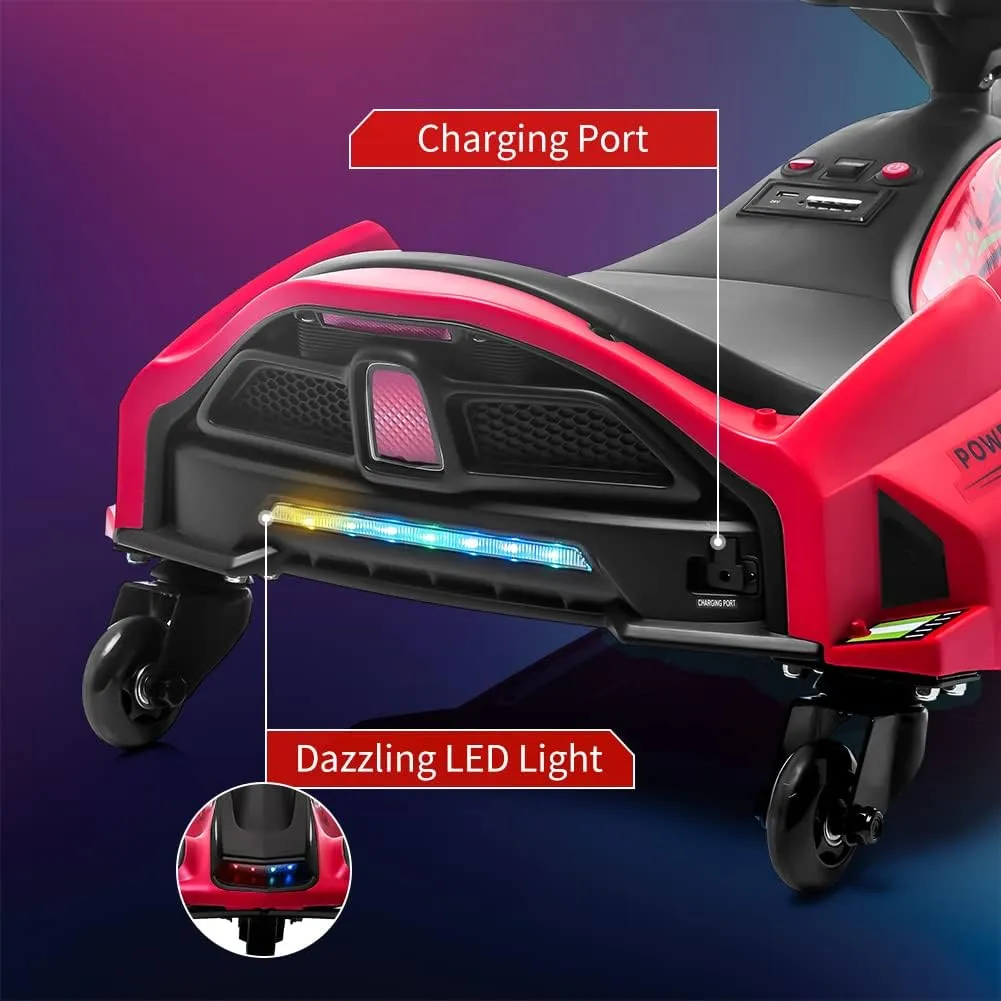 24V Kids Ride on Drift Car for Kids, Electric Drifting Go-Kart Up to 7.5 mph Variable Speed, Built-in Music,Colorful LED Light,USB,Low-Power Alarm,Red