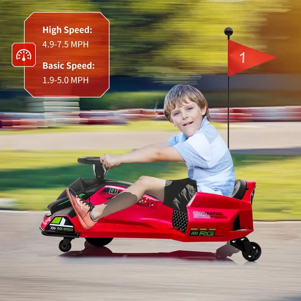 24V Kids Ride on Drift Car for Kids, Electric Drifting Go-Kart Up to 7.5 mph Variable Speed, Built-in Music,Colorful LED Light,USB,Low-Power Alarm,Red