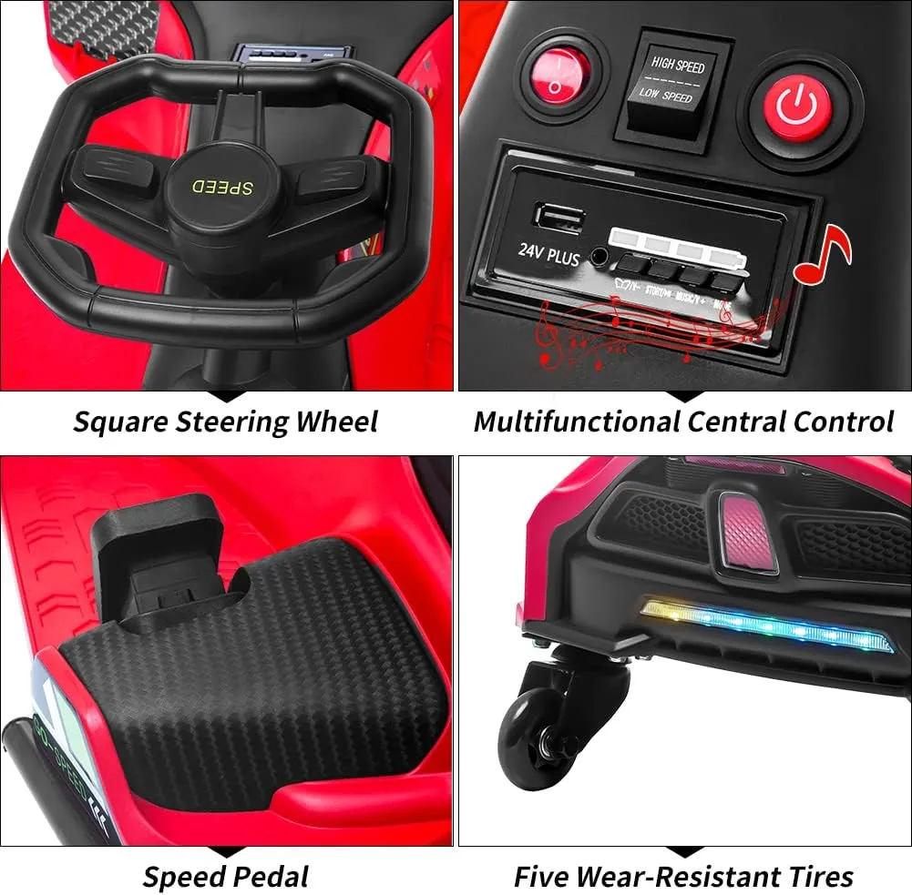 24V Kids Ride on Drift Car for Kids, Electric Drifting Go-Kart Up to 7.5 mph Variable Speed, Built-in Music,Colorful LED Light,USB,Low-Power Alarm,Red