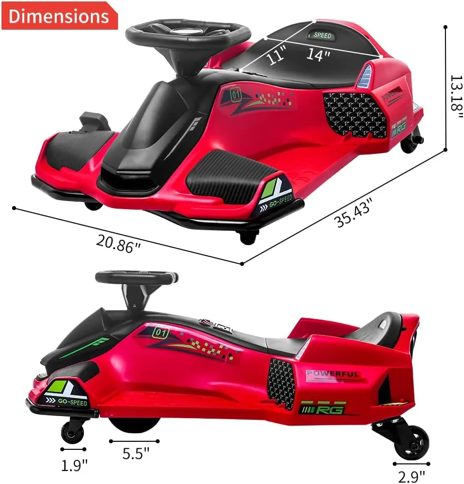 24V Kids Ride on Drift Car for Kids, Electric Drifting Go-Kart Up to 7.5 mph Variable Speed, Built-in Music,Colorful LED Light,USB,Low-Power Alarm,Red