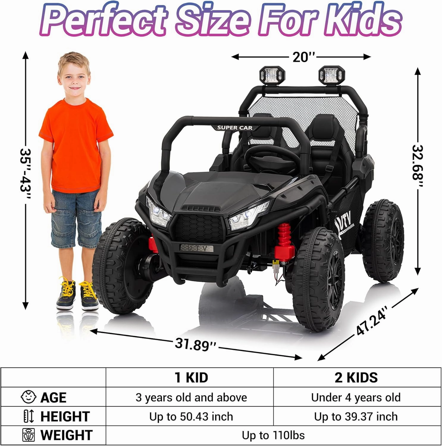 24V 2 Seater Ride On Car for Kids, Remote Control Electric UTV With 20" Seat, Bluetooth Music, 3 Speed Modes, LED Lights, Power Wheels Toys for Boys Girls Ages 3 ,Black