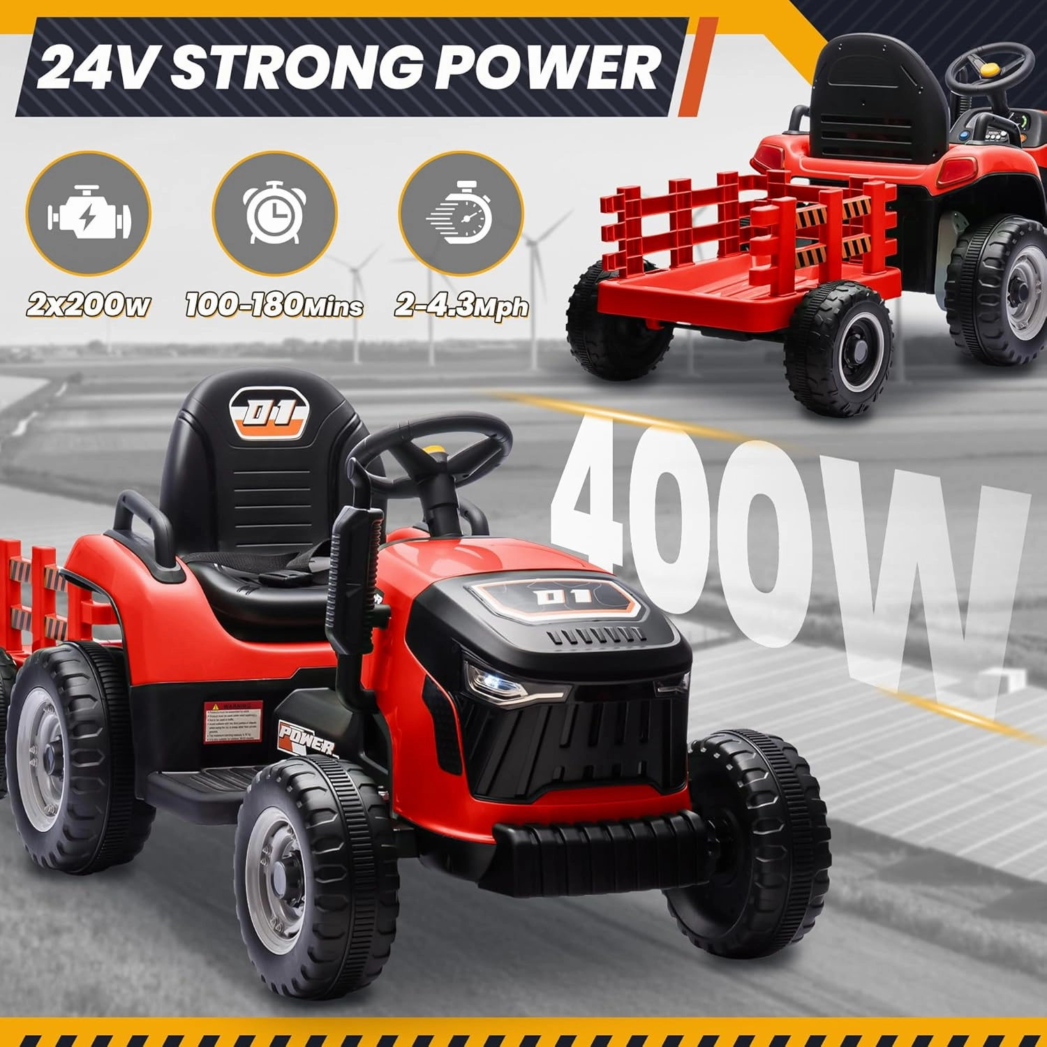 24V Ride On Toys Car for Kids, Electric Ride on Tractor w/400W Motors, Tiltable & Detachable Trailer, Adjustable Seat, Bluetooth, Music, Remote Control Tractor Toys for Kids Ages 3 , Red