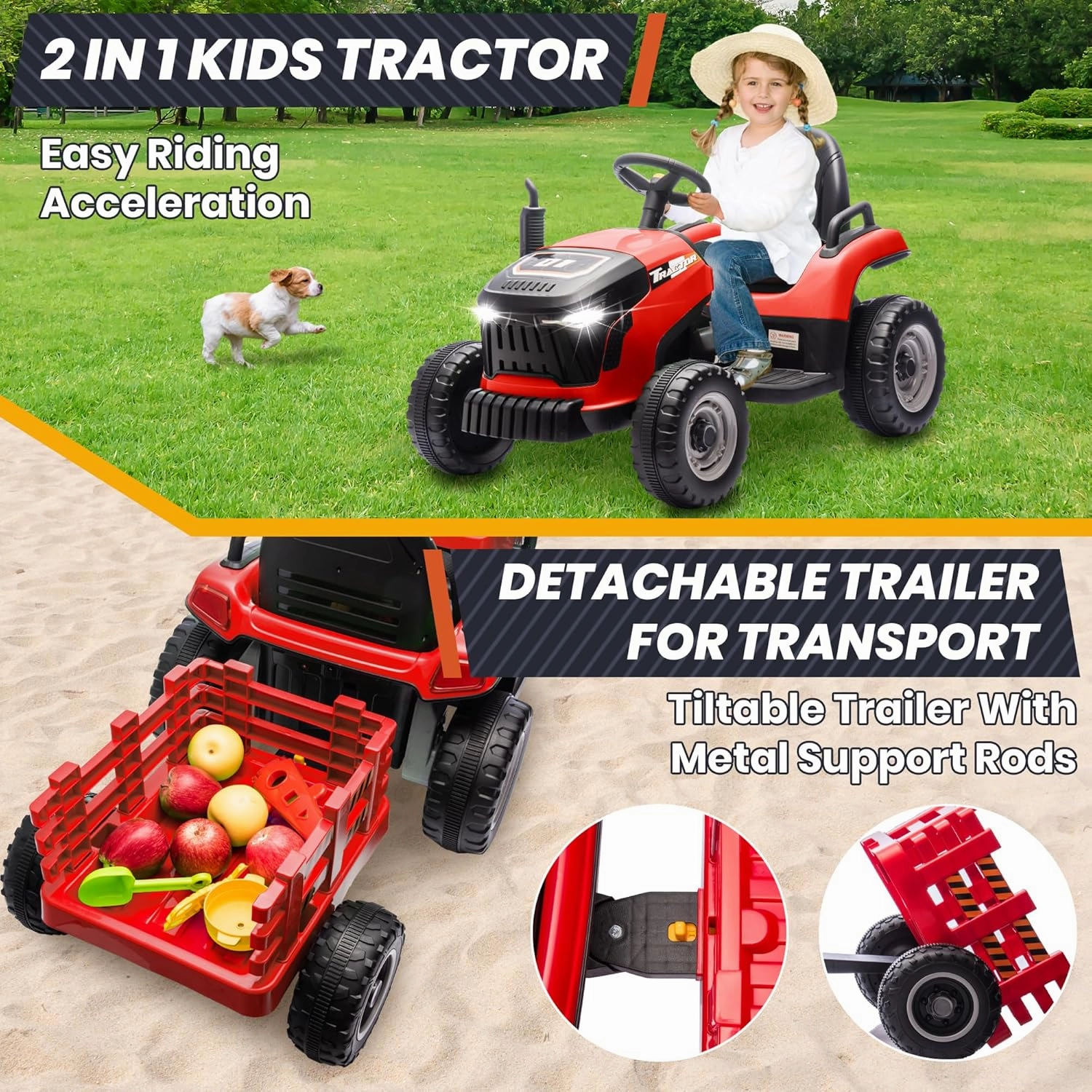 24V Ride On Toys Car for Kids, Electric Ride on Tractor w/400W Motors, Tiltable & Detachable Trailer, Adjustable Seat, Bluetooth, Music, Remote Control Tractor Toys for Kids Ages 3 , Red