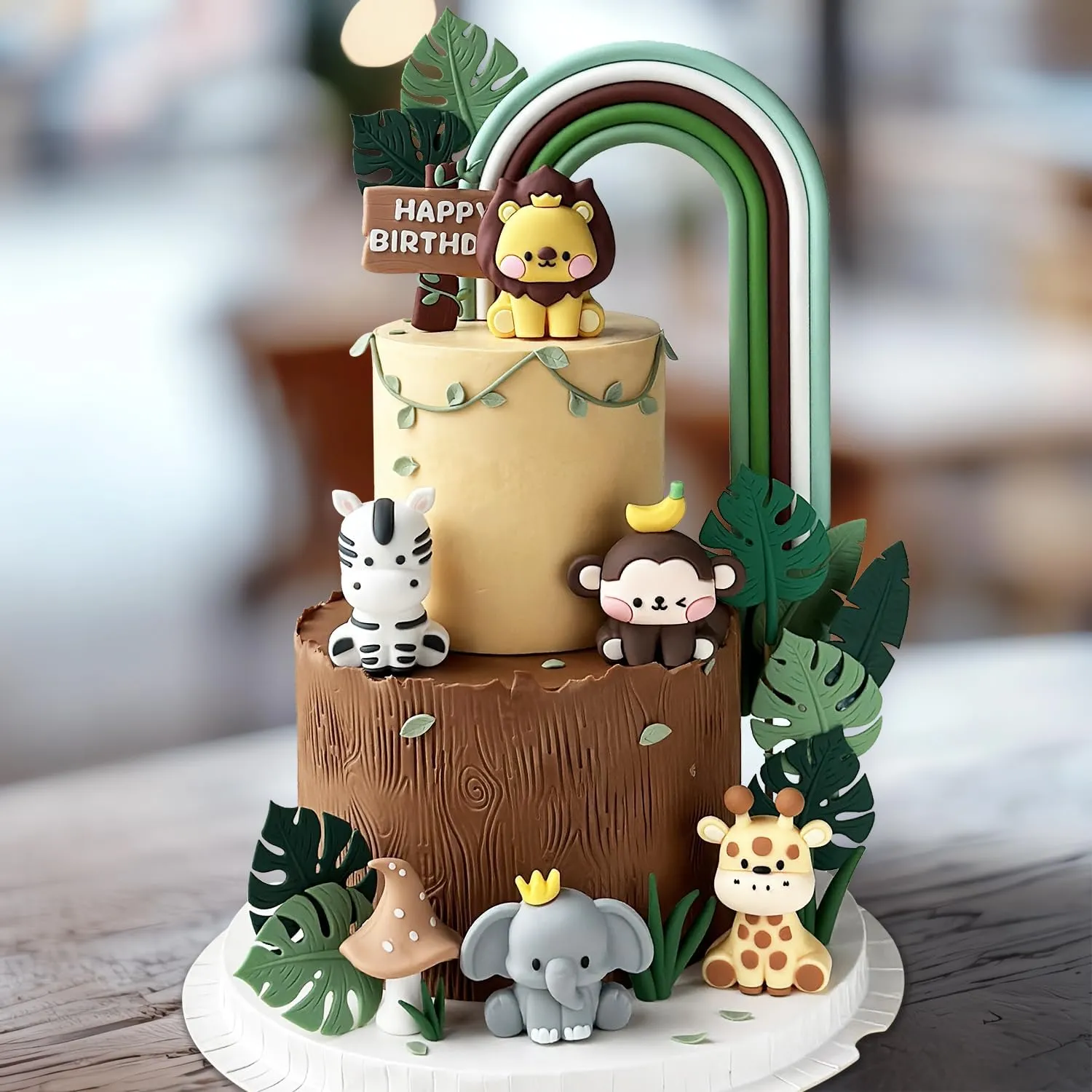 29PCS Jungle Safari Theme Birthday Cake Toppers Set – PVC Wild Animals (Lion, Zebra, Monkey, Elephant, Giraffe), Tropical Leaves, Green Rainbow, Mushrooms, Happy Birthday Sign