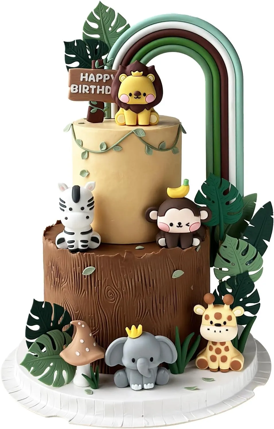 29PCS Jungle Safari Theme Birthday Cake Toppers Set – PVC Wild Animals (Lion, Zebra, Monkey, Elephant, Giraffe), Tropical Leaves, Green Rainbow, Mushrooms, Happy Birthday Sign