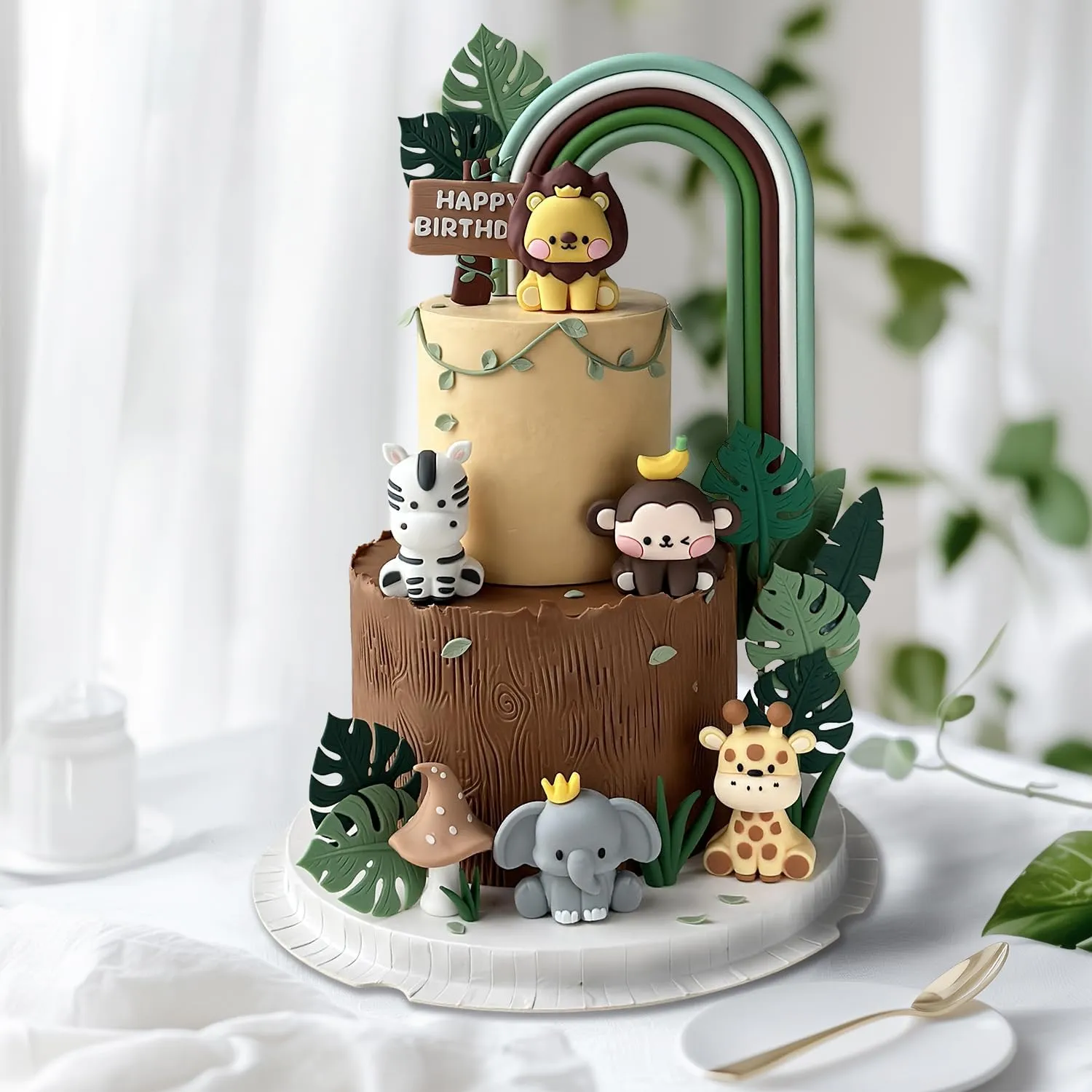 29PCS Jungle Safari Theme Birthday Cake Toppers Set – PVC Wild Animals (Lion, Zebra, Monkey, Elephant, Giraffe), Tropical Leaves, Green Rainbow, Mushrooms, Happy Birthday Sign