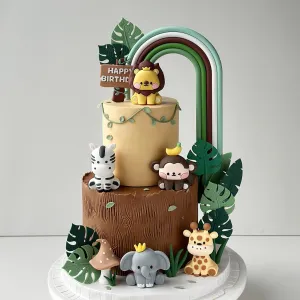 29PCS Jungle Safari Theme Birthday Cake Toppers Set – PVC Wild Animals (Lion, Zebra, Monkey, Elephant, Giraffe), Tropical Leaves, Green Rainbow, Mushrooms, Happy Birthday Sign