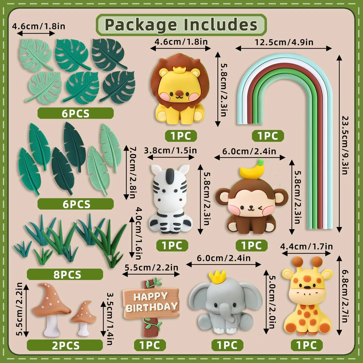 29PCS Jungle Safari Theme Birthday Cake Toppers Set – PVC Wild Animals (Lion, Zebra, Monkey, Elephant, Giraffe), Tropical Leaves, Green Rainbow, Mushrooms, Happy Birthday Sign