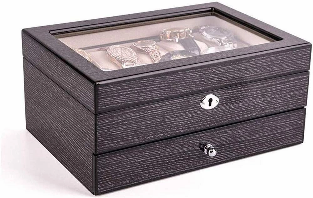 2-Layer Box Lockable Organizer Foldable Tray Removable Divider Gray Organizer Box Box Piano Paint Solid Wood Watch Box 10 Mechanical Watch Collection Display,