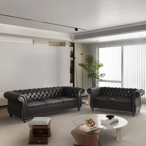 2 Piece Living Room Sofa Set, Chesterfield 3 Seat Sofa Loveseat, Modern Leather Couch Set with Rolled Arms and Nailhead Upholstered for Living Room, Office and Apartment, Black