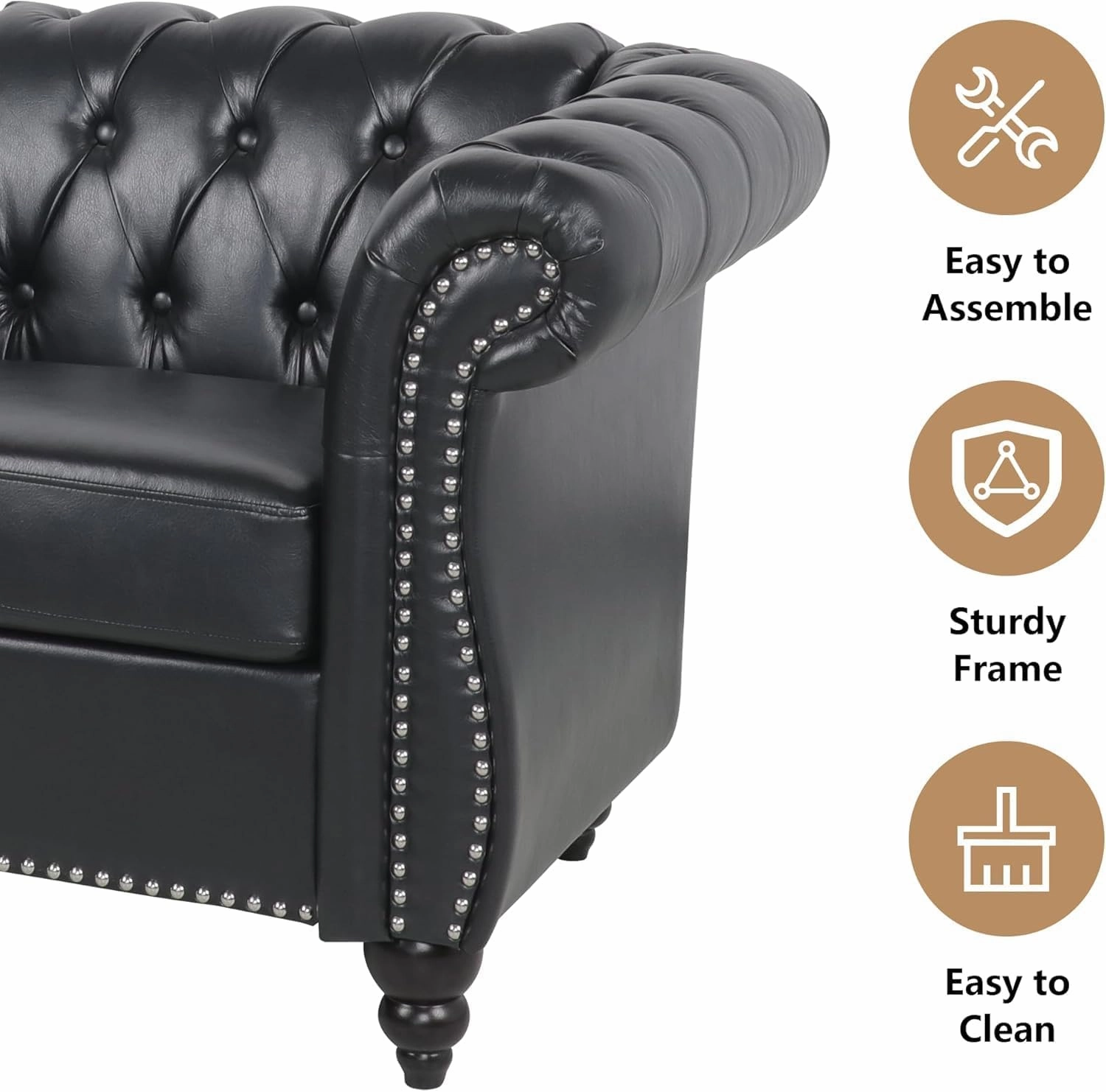 2 Piece Living Room Sofa Set, Chesterfield 3 Seat Sofa Loveseat, Modern Leather Couch Set with Rolled Arms and Nailhead Upholstered for Living Room, Office and Apartment, Black