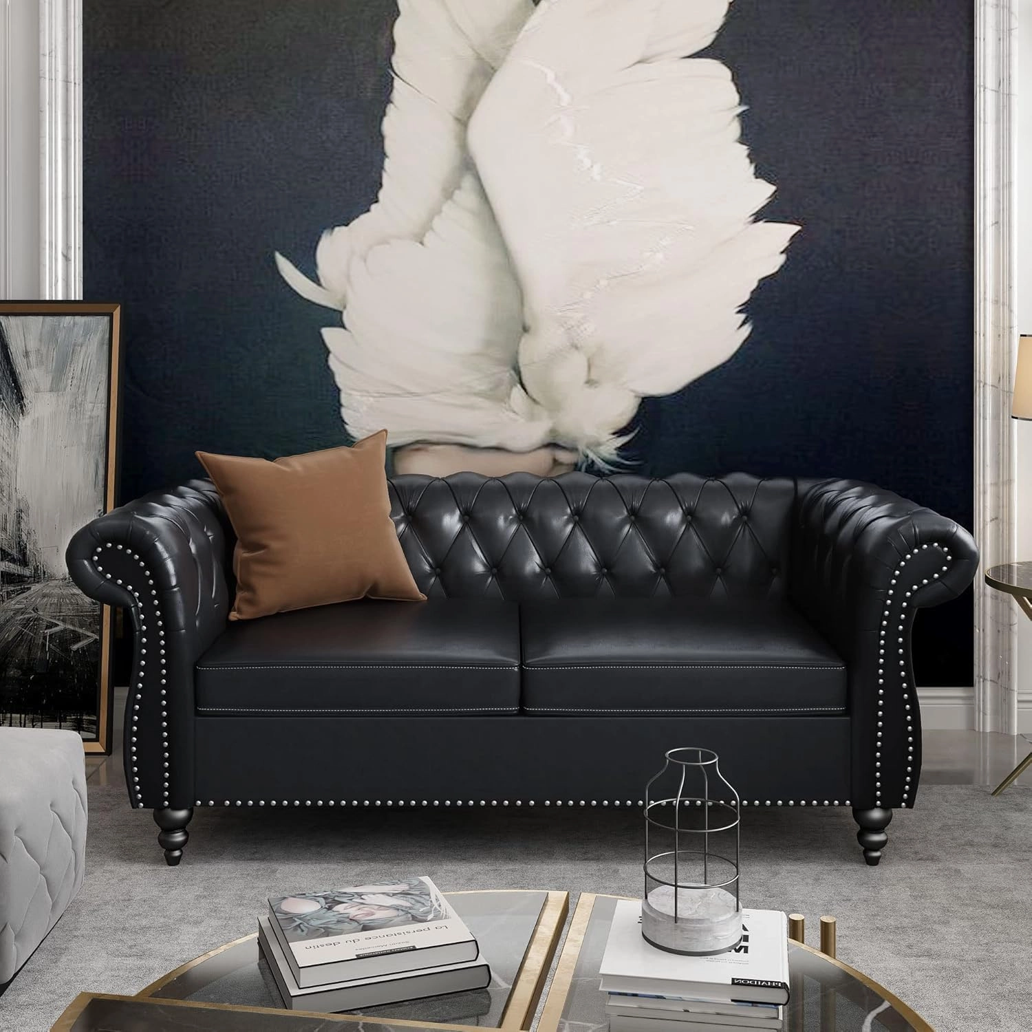 2 Piece Living Room Sofa Set, Chesterfield 3 Seat Sofa Loveseat, Modern Leather Couch Set with Rolled Arms and Nailhead Upholstered for Living Room, Office and Apartment, Black