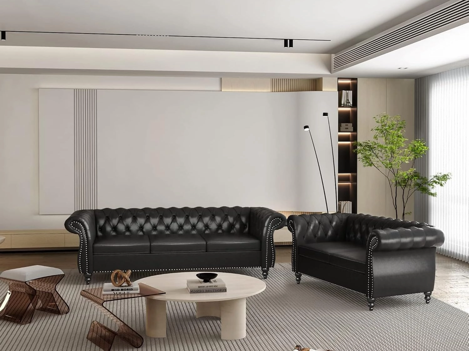 2 Piece Living Room Sofa Set, Chesterfield 3 Seat Sofa Loveseat, Modern Leather Couch Set with Rolled Arms and Nailhead Upholstered for Living Room, Office and Apartment, Black