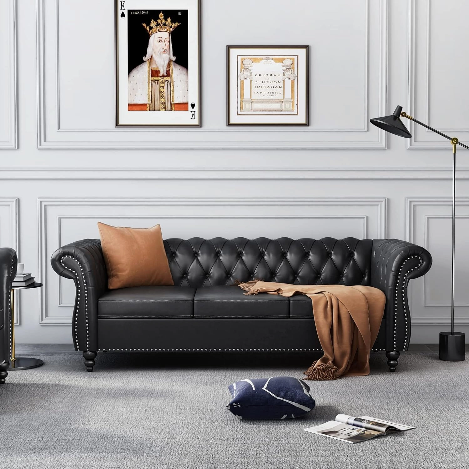 2 Piece Living Room Sofa Set, Chesterfield 3 Seat Sofa Loveseat, Modern Leather Couch Set with Rolled Arms and Nailhead Upholstered for Living Room, Office and Apartment, Black