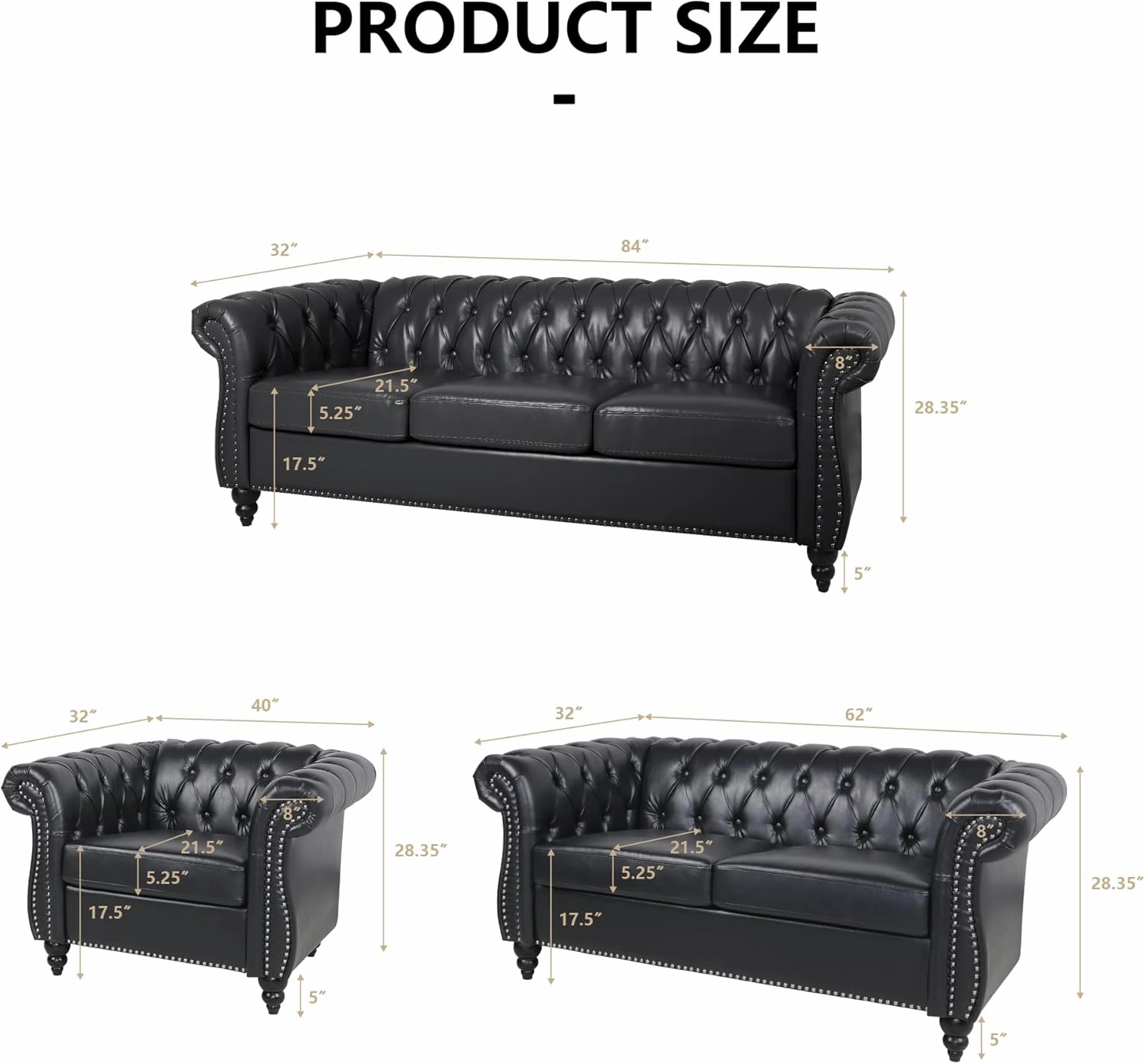 2 Piece Living Room Sofa Set, Chesterfield 3 Seat Sofa Loveseat, Modern Leather Couch Set with Rolled Arms and Nailhead Upholstered for Living Room, Office and Apartment, Black