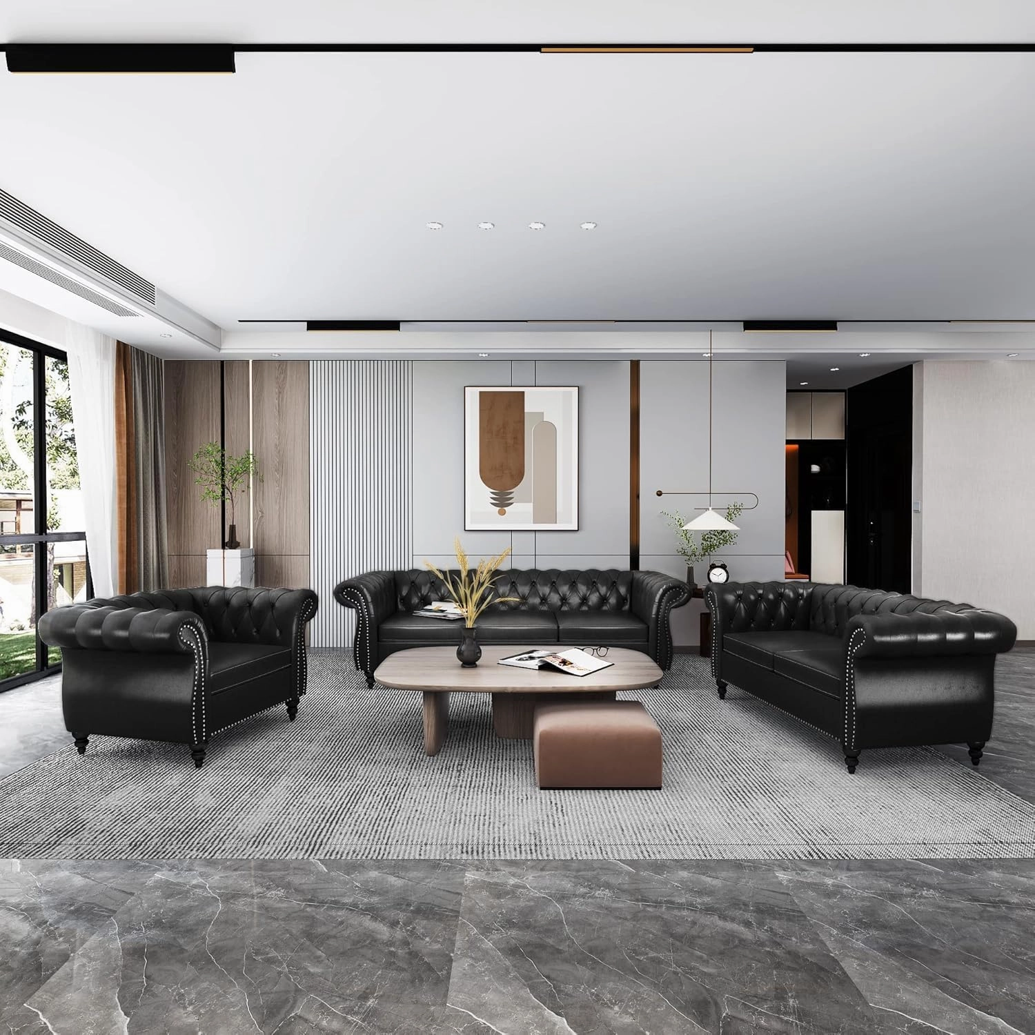 2 Piece Living Room Sofa Set, Chesterfield 3 Seat Sofa Loveseat, Modern Leather Couch Set with Rolled Arms and Nailhead Upholstered for Living Room, Office and Apartment, Black