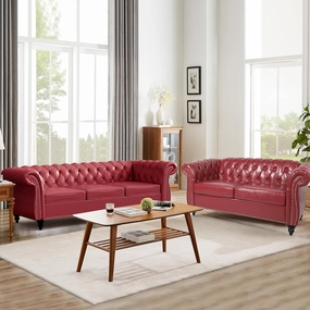 2 Piece Living Room Sofa Set, Chesterfield 3 Seat Sofa Loveseat, Modern Leather Couch Set with Rolled Arms and Nailhead Upholstered for Living Room, Office and Apartment, Claret
