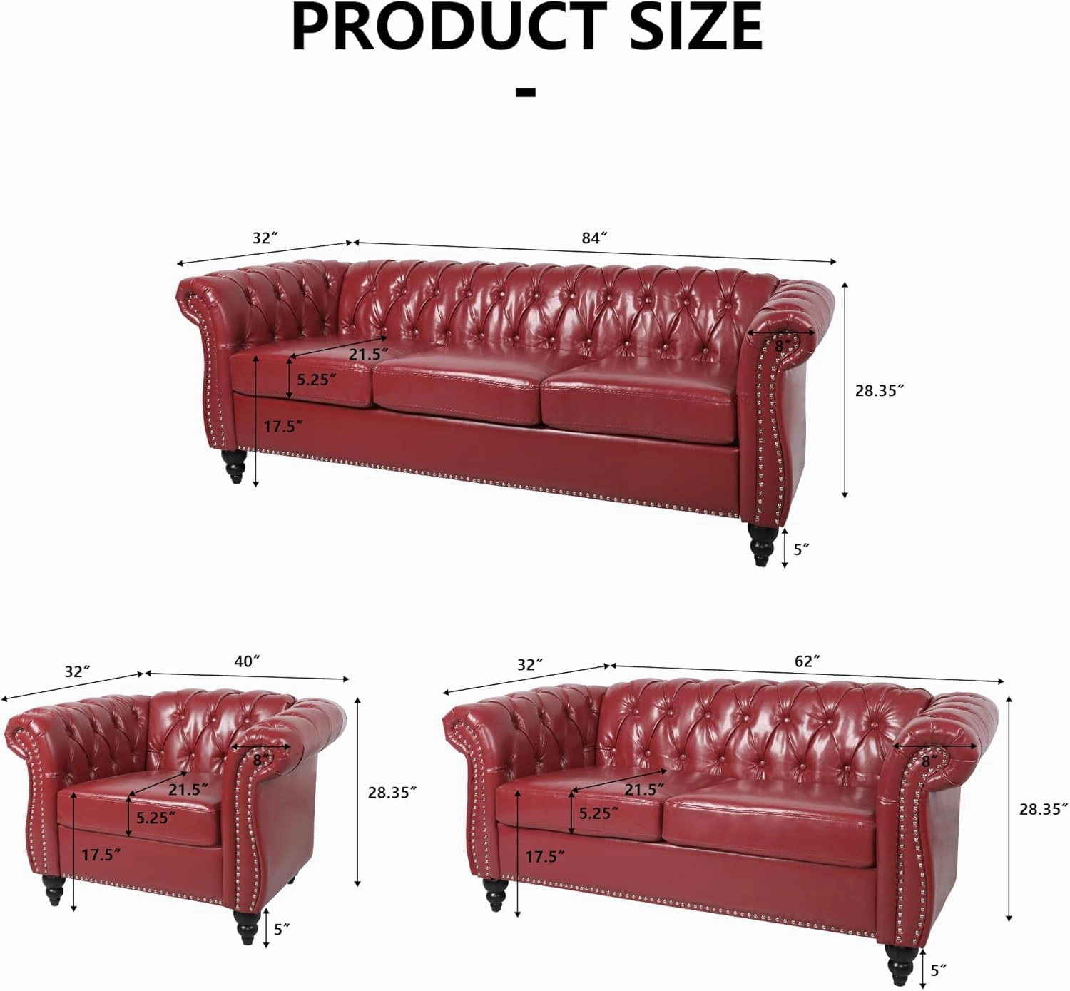 2 Piece Living Room Sofa Set, Chesterfield 3 Seat Sofa Loveseat, Modern Leather Couch Set with Rolled Arms and Nailhead Upholstered for Living Room, Office and Apartment, Claret