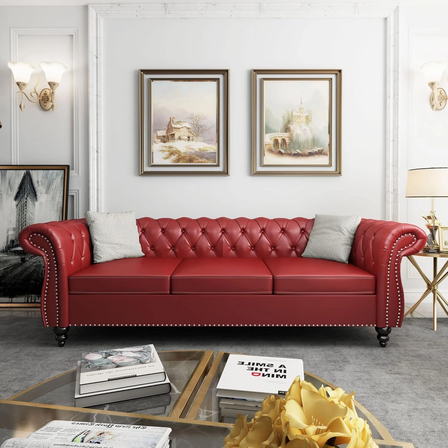 2 Piece Living Room Sofa Set, Chesterfield 3 Seat Sofa Loveseat, Modern Leather Couch Set with Rolled Arms and Nailhead Upholstered for Living Room, Office and Apartment, Claret