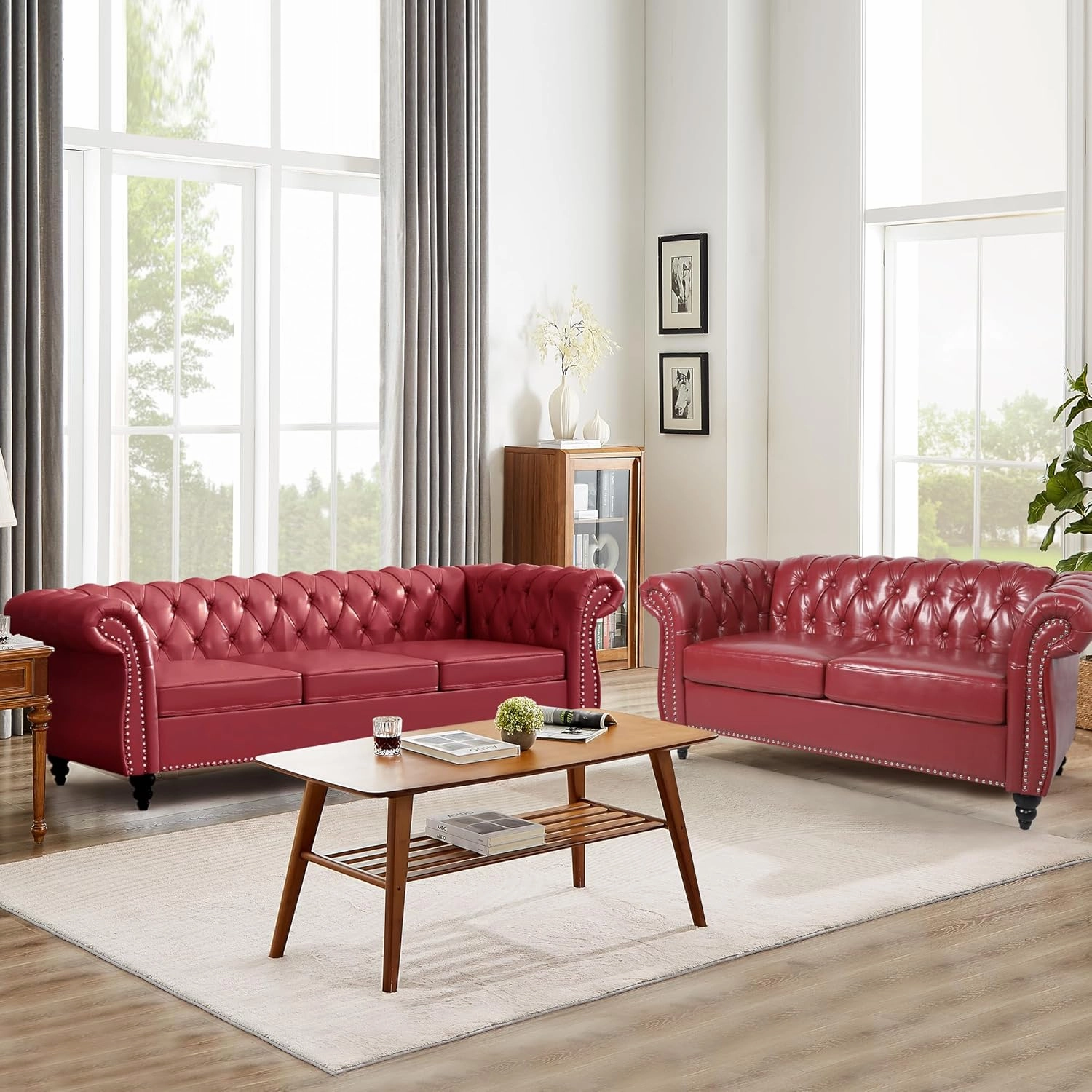 2 Piece Living Room Sofa Set, Chesterfield 3 Seat Sofa Loveseat, Modern Leather Couch Set with Rolled Arms and Nailhead Upholstered for Living Room, Office and Apartment, Claret