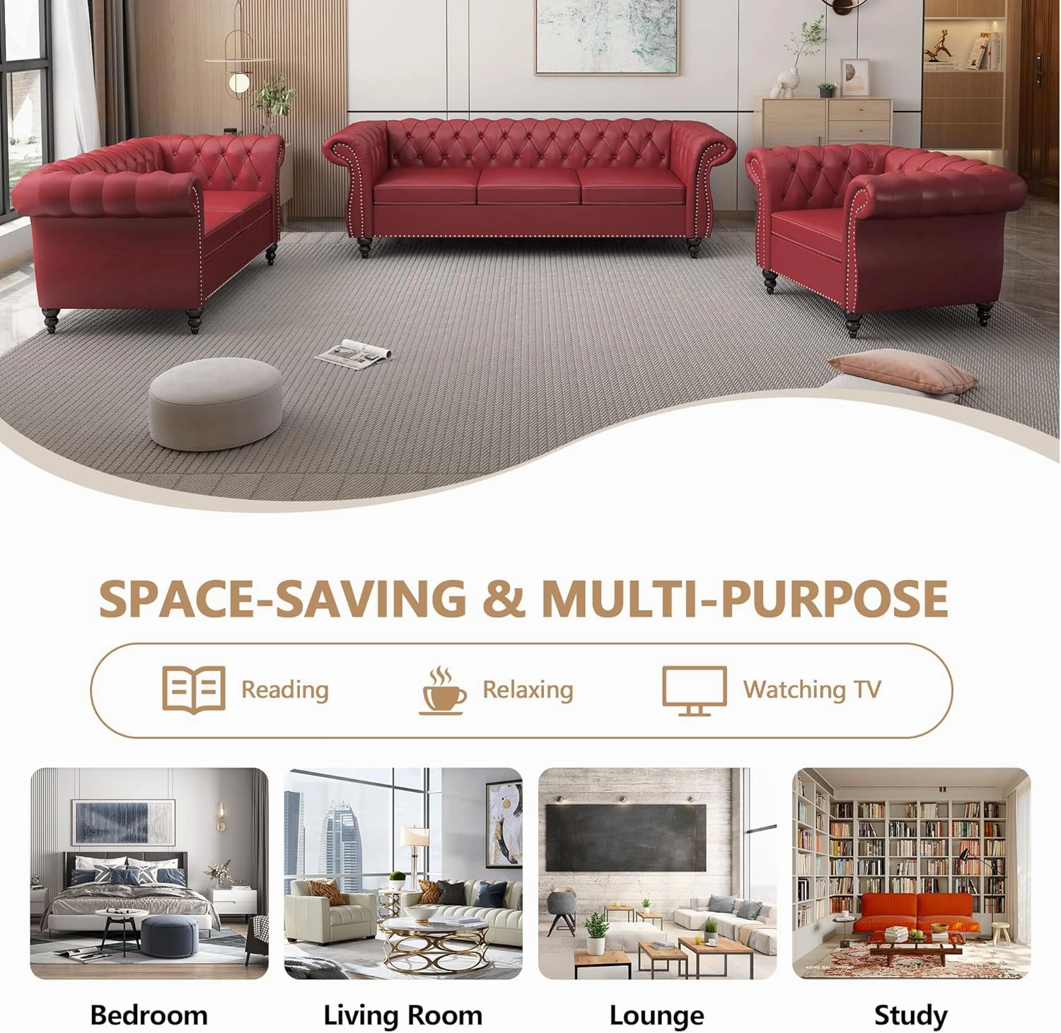 2 Piece Living Room Sofa Set, Chesterfield 3 Seat Sofa Loveseat, Modern Leather Couch Set with Rolled Arms and Nailhead Upholstered for Living Room, Office and Apartment, Claret