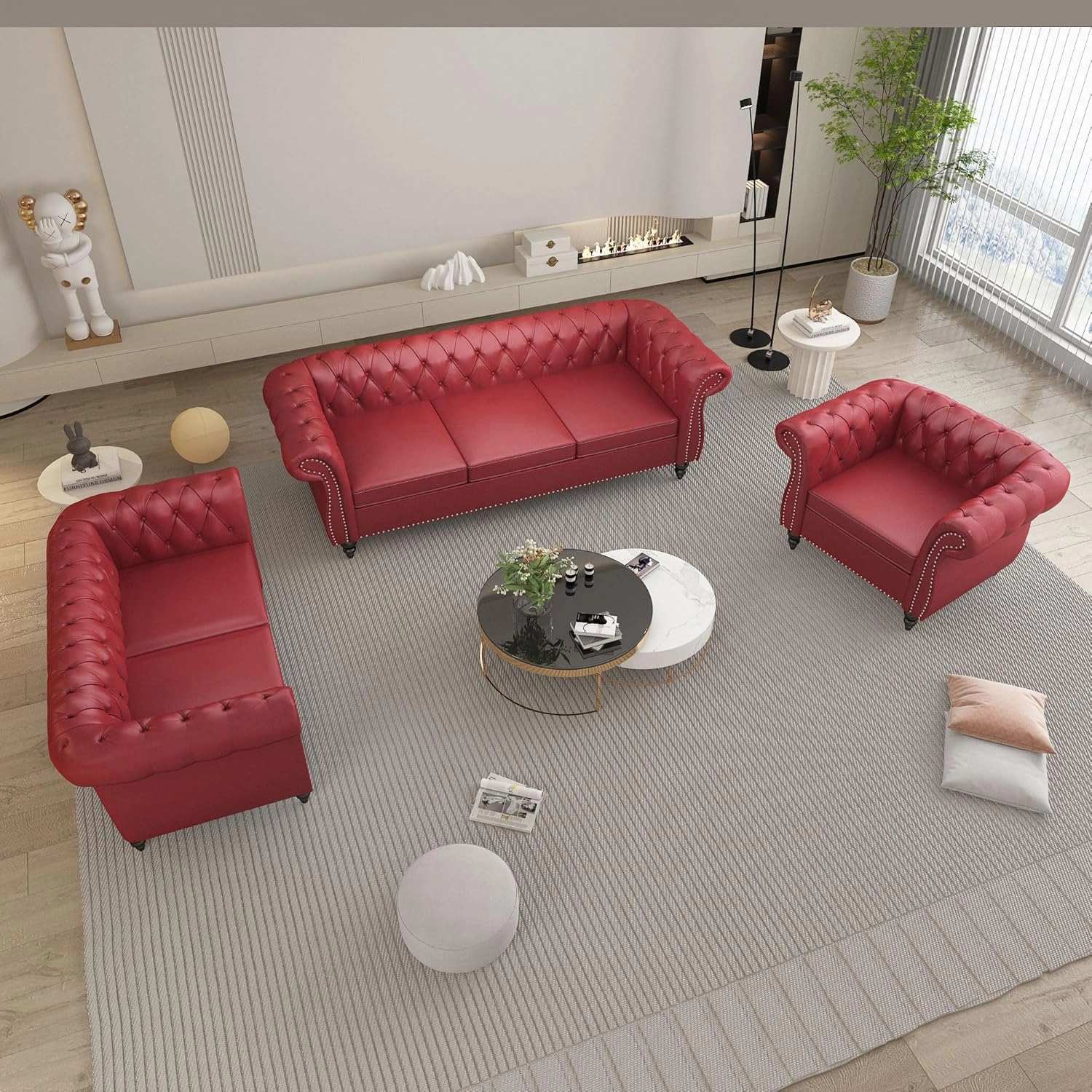 2 Piece Living Room Sofa Set, Chesterfield 3 Seat Sofa Loveseat, Modern Leather Couch Set with Rolled Arms and Nailhead Upholstered for Living Room, Office and Apartment, Claret