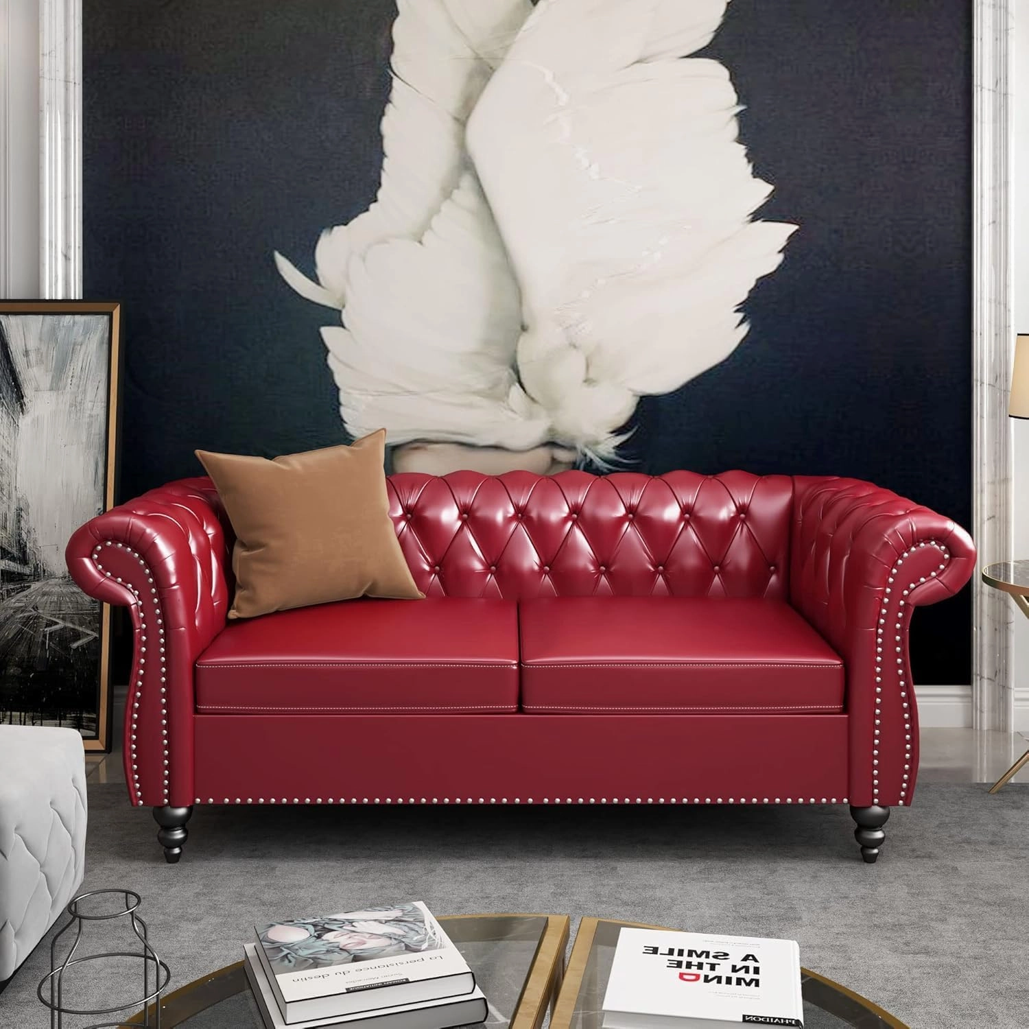 2 Piece Living Room Sofa Set, Chesterfield 3 Seat Sofa Loveseat, Modern Leather Couch Set with Rolled Arms and Nailhead Upholstered for Living Room, Office and Apartment, Claret